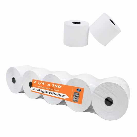 (paquete de 5 Rollos) 2 1/4 X 150 Pies, Blanco, Rollos de Papel para Cinta de Máquina Sumadora, 50 Gsm Premium de una Capa, Rollo para Caja Registradora/máquina Sumadora/calculadora Impresora