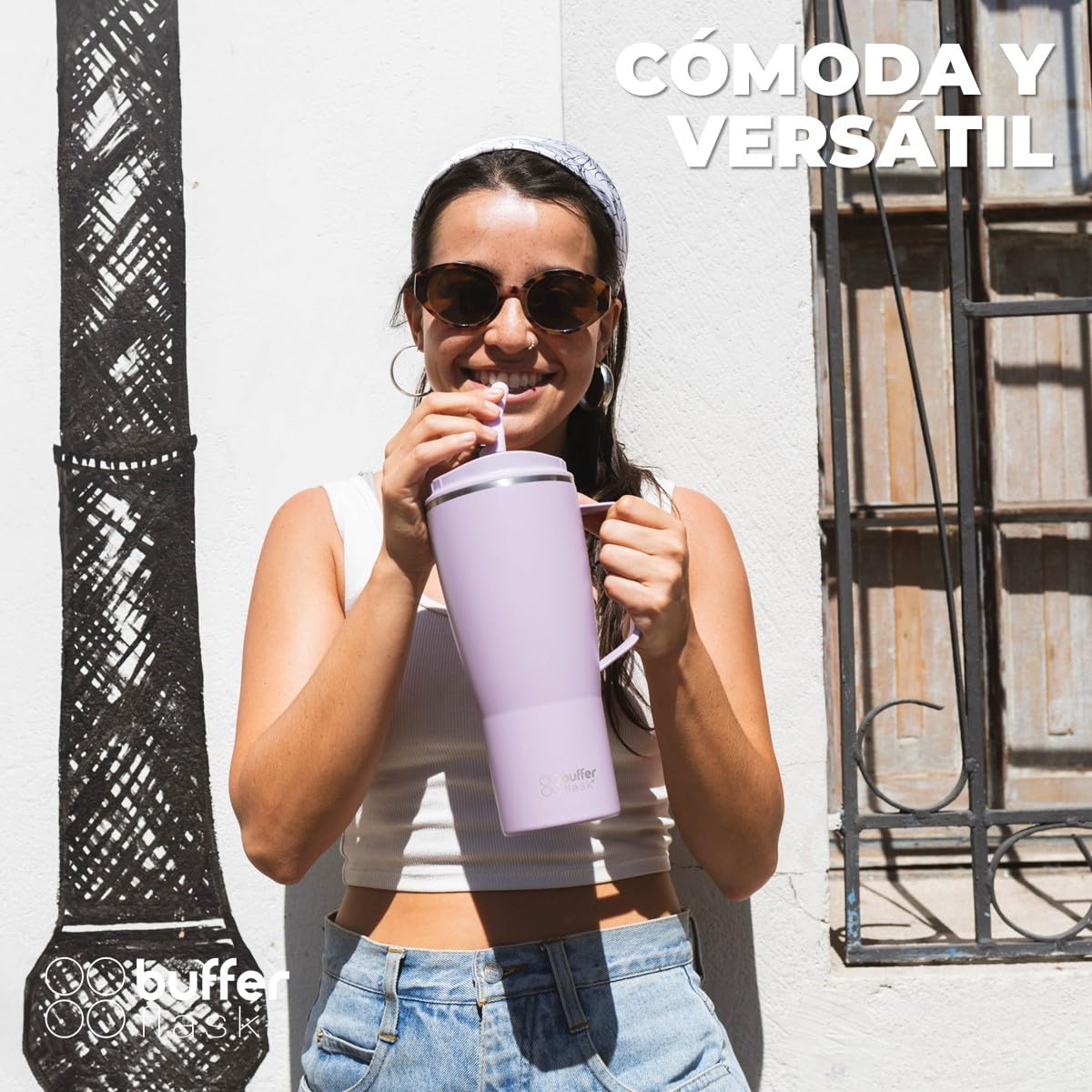 Buffer Flask - Vaso Térmico 1000 ml - Termo para Café y Agua de Acero Inoxidable - Tapa Anti Derrame y Fugas - Taza Tumbler Mug para Bebidas Frías y Calientes - Incluye Popote - Color Lila