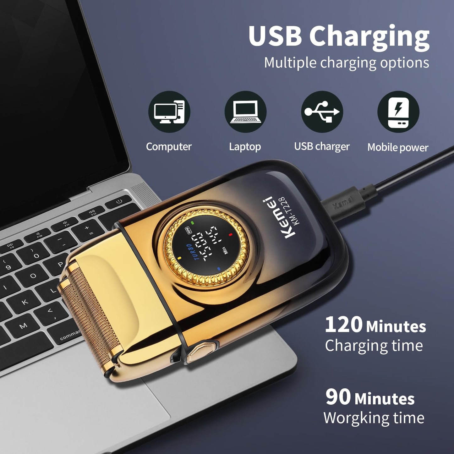 KEMEI KM-T228 - Afeitadora eléctrica para hombres con pantalla LED redonda grande (velocidad del motor y tiempo restante), 3 velocidades (6500/7000/7500 RPM), carga USB-C, doble lámina y cabezas de