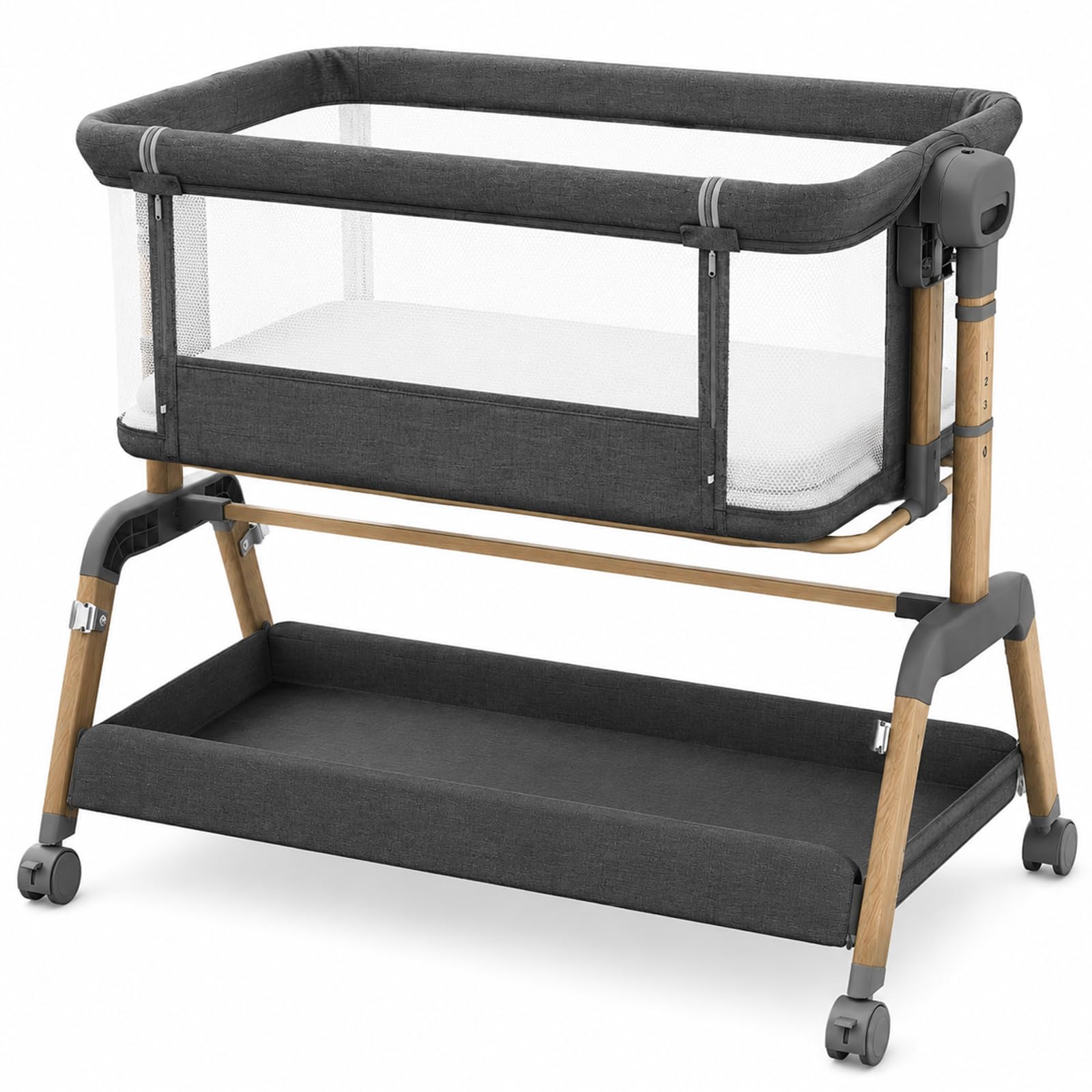 Bolmen - Moisés para bebé, cuna 3 en 1, cuna de noche ajustable de 7 niveles de altura con malla transpirable y ruedas con bloqueo, estable y seguro para recién nacidos (gris oscuro)