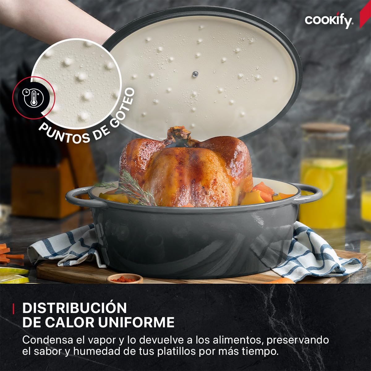 Cookify Olla de Hierro Fundido Esmaltado para Horno y Estufa, Horno Holandés Capacidad 7 Litros Dutch Oven (Gris, 35 cm)