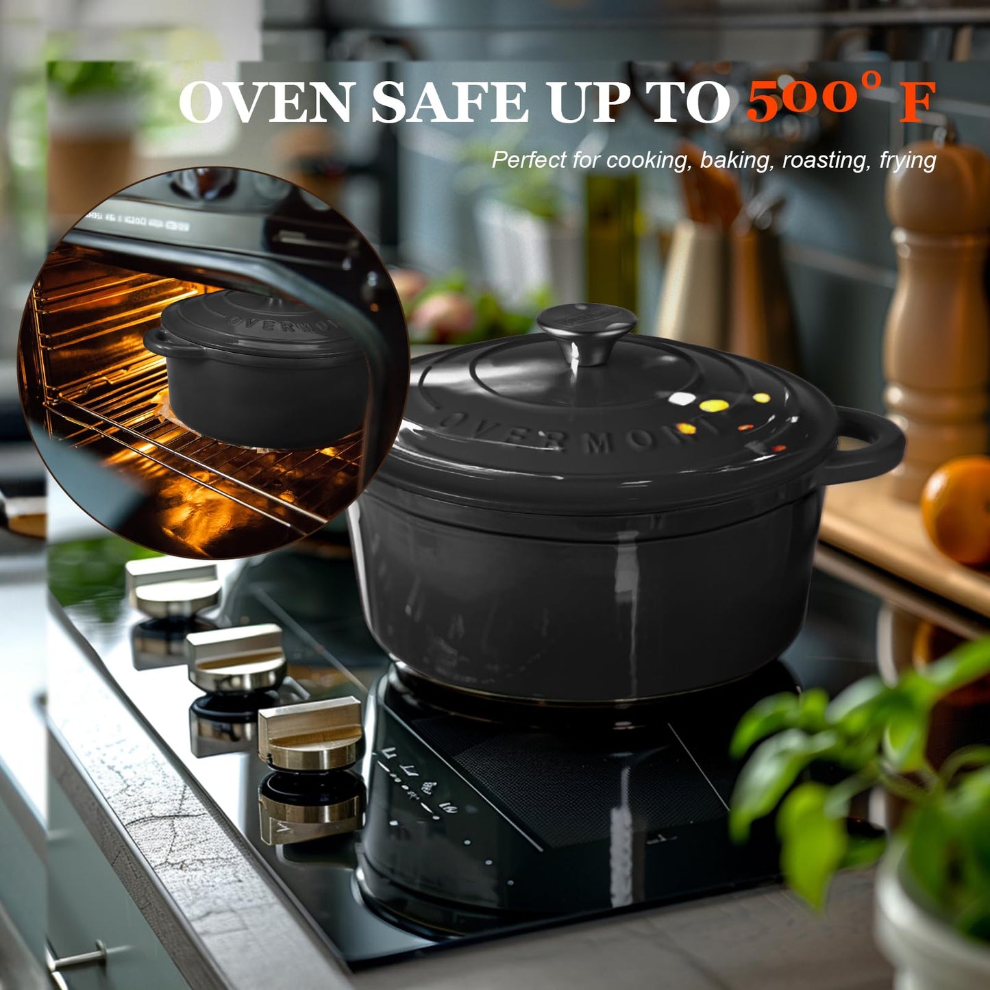 Overmont - Horno holandés de hierro fundido esmaltado, olla de 5.5 cuartos con tapa, libro de cocina y agarraderas de algodón, utensilios de cocina resistentes para estofar, guisos, asar, hornear pan