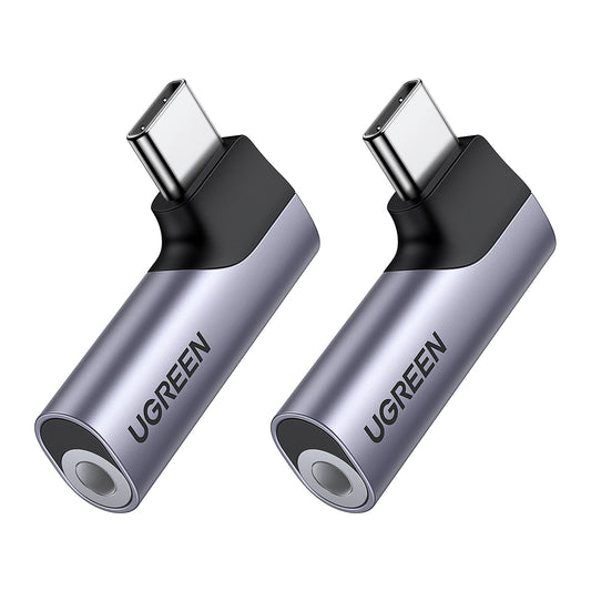 UGREEN Adaptador USB C a Jack 3.5mm DAC Chip, Adaptador Auriculares Tipo C 90 Grados Compatible con Galaxy S23/S22/S21/S20/S10/Note 20/Note 10, iPad Pro 2021, Xiaomi, Gris, 2 Pack
