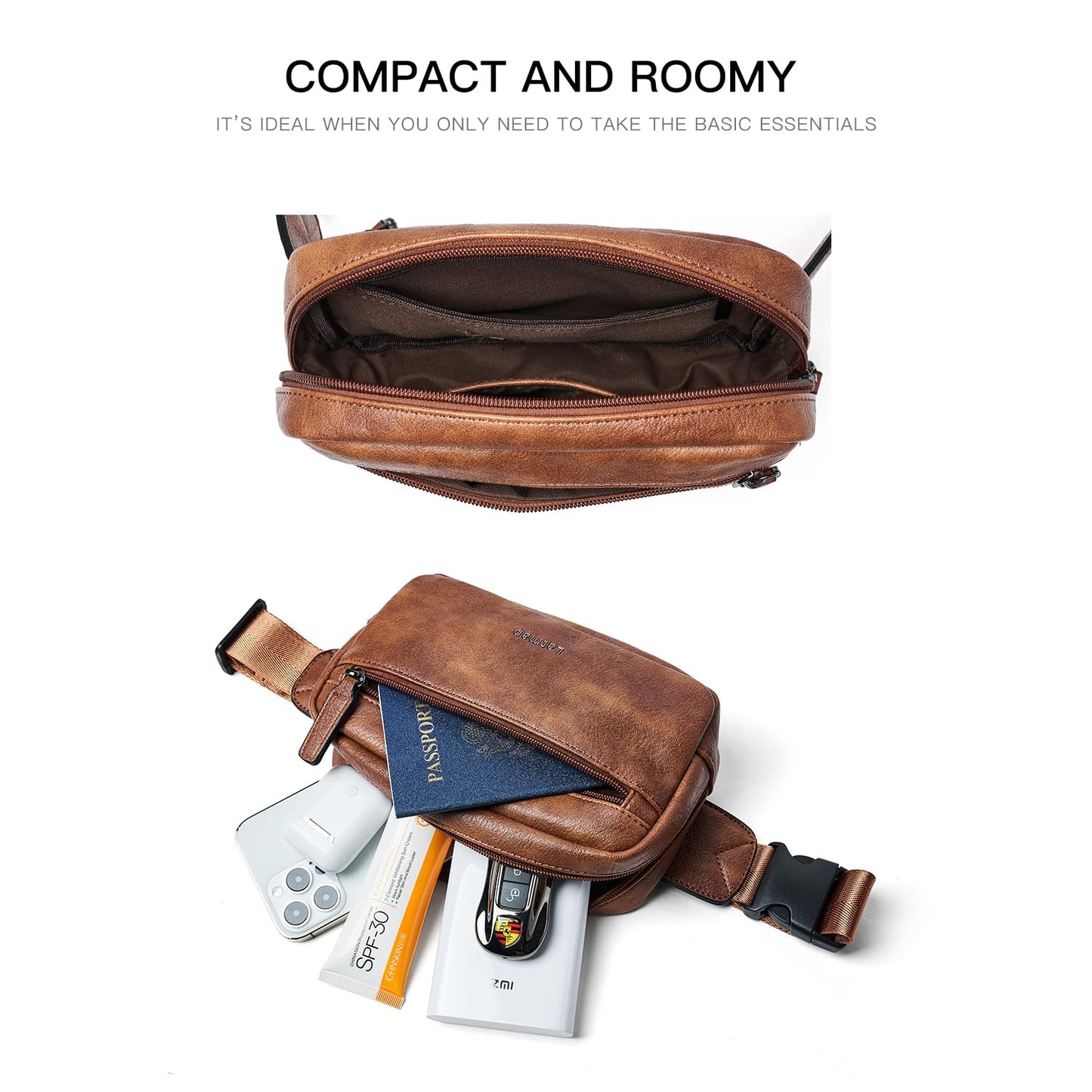 LATMAP - Riñonera de 2 L para todas partes, pequeña y a la moda, bandolera de piel sintética, impermeable, para mujer, a la moda, Marrón, Pequeño, Moda casual