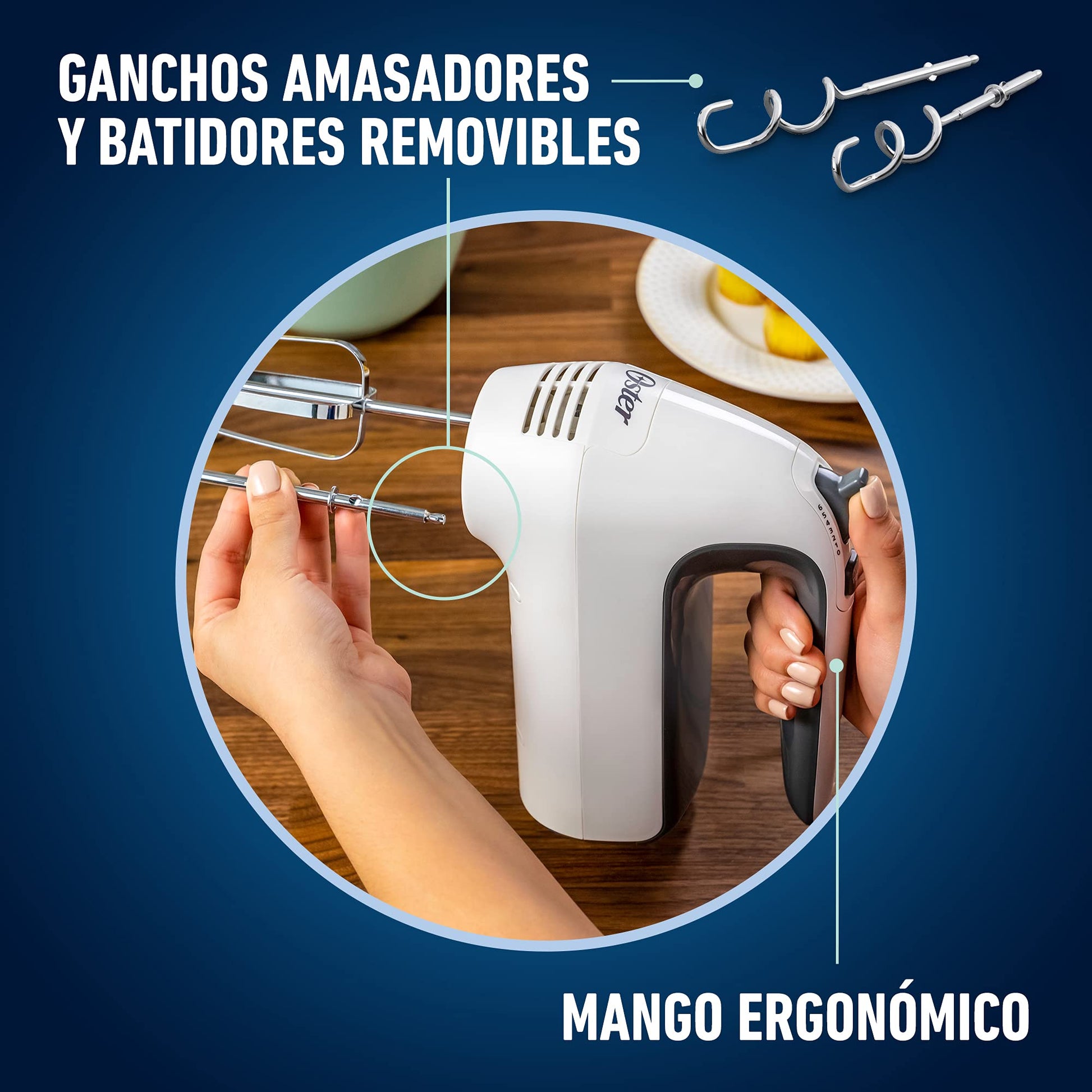 Batidora de Mano Oster blanca mango ergonómico 6 velocidades