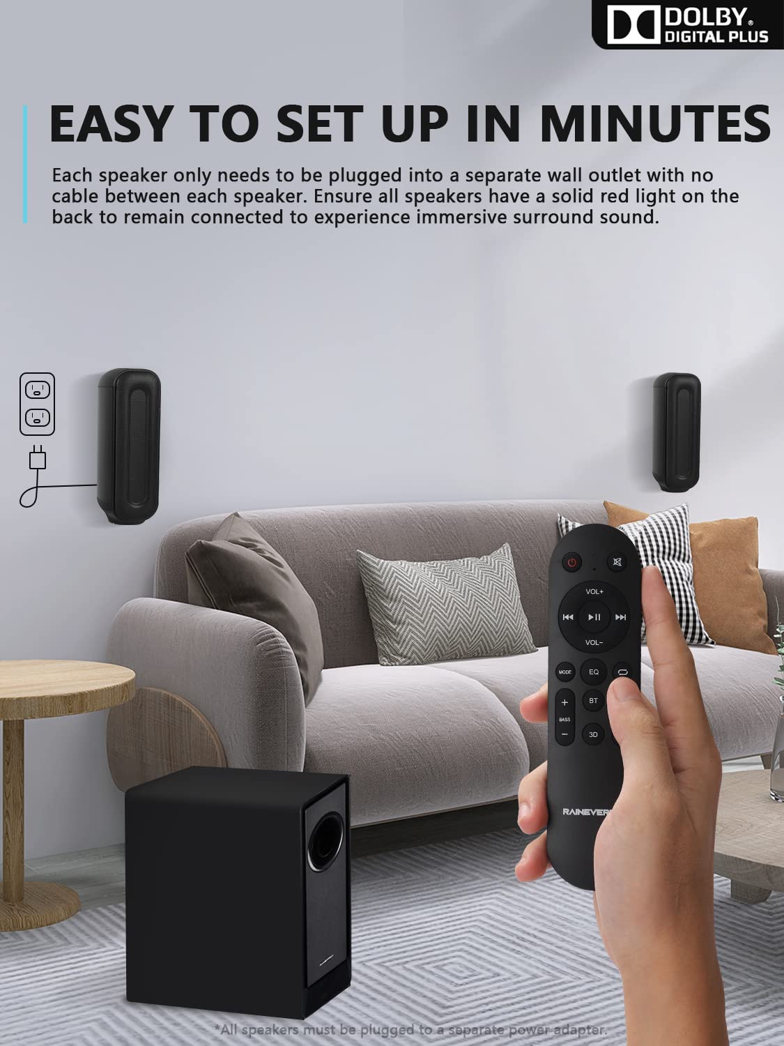 Barra de sonido envolvente de 5.1 CH con audio Dolby, barras de sonido para TV, subwoofer inalámbrico y altavoz trasero, Dolby Digital Plus, Bluetooth 5.0, sistema de sonido envolvente para cine en casa, televisores 4K y HD | HDMI y óptico