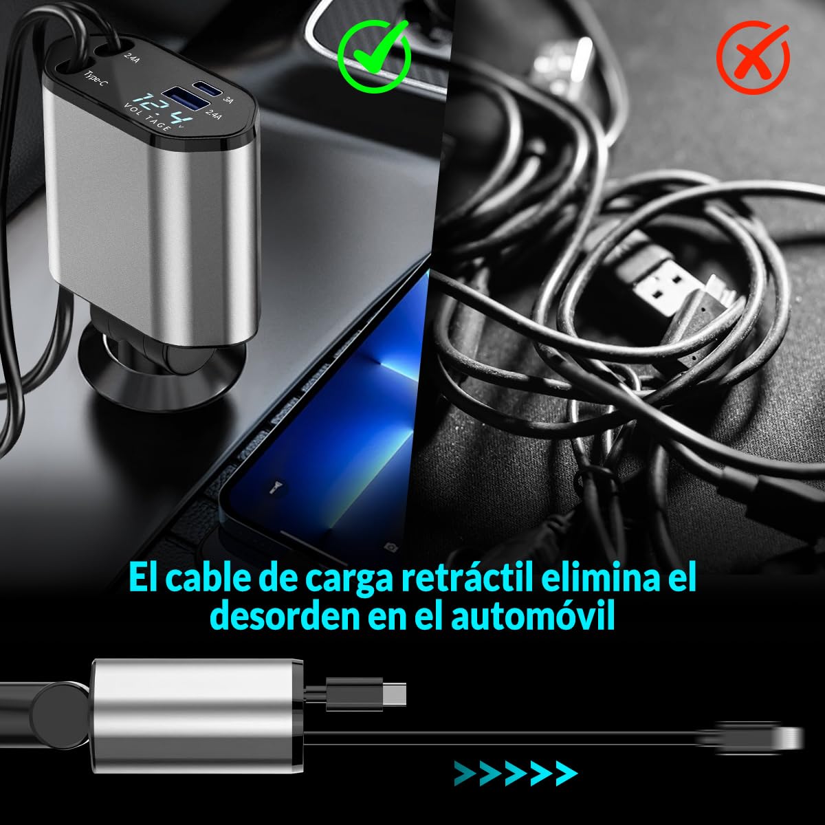 Cargador para auto, Cargador USB C 4 en 1 100W+20W Carga Rápida Accesorios para auto, Cables retráctiles (80cm) y Adaptador de Coche de 2 Puertos USB, Compatible con iPhone 15 14 13 12,Galaxy, Xiaomi