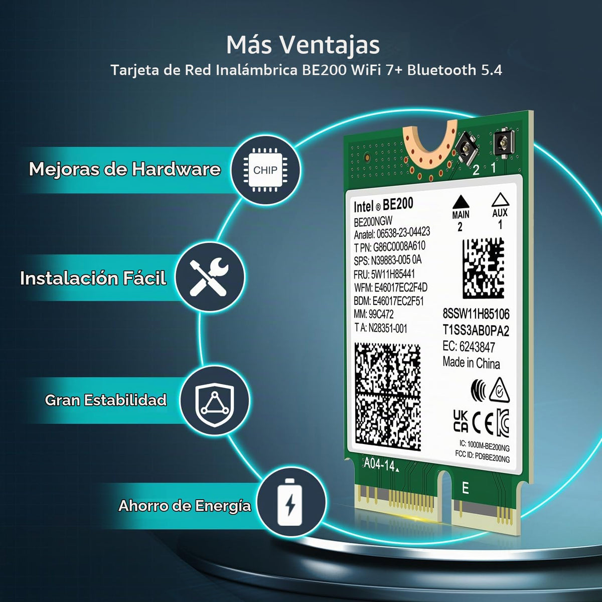 Tarjeta Inalámbrica WiFi 7 GigaPlus Intel BE200 NGW Bluetooth 5.4 5800Mbps M.2/NGFF para Intel 12ª Generación y Superior CPU Windows 10/11 Linux