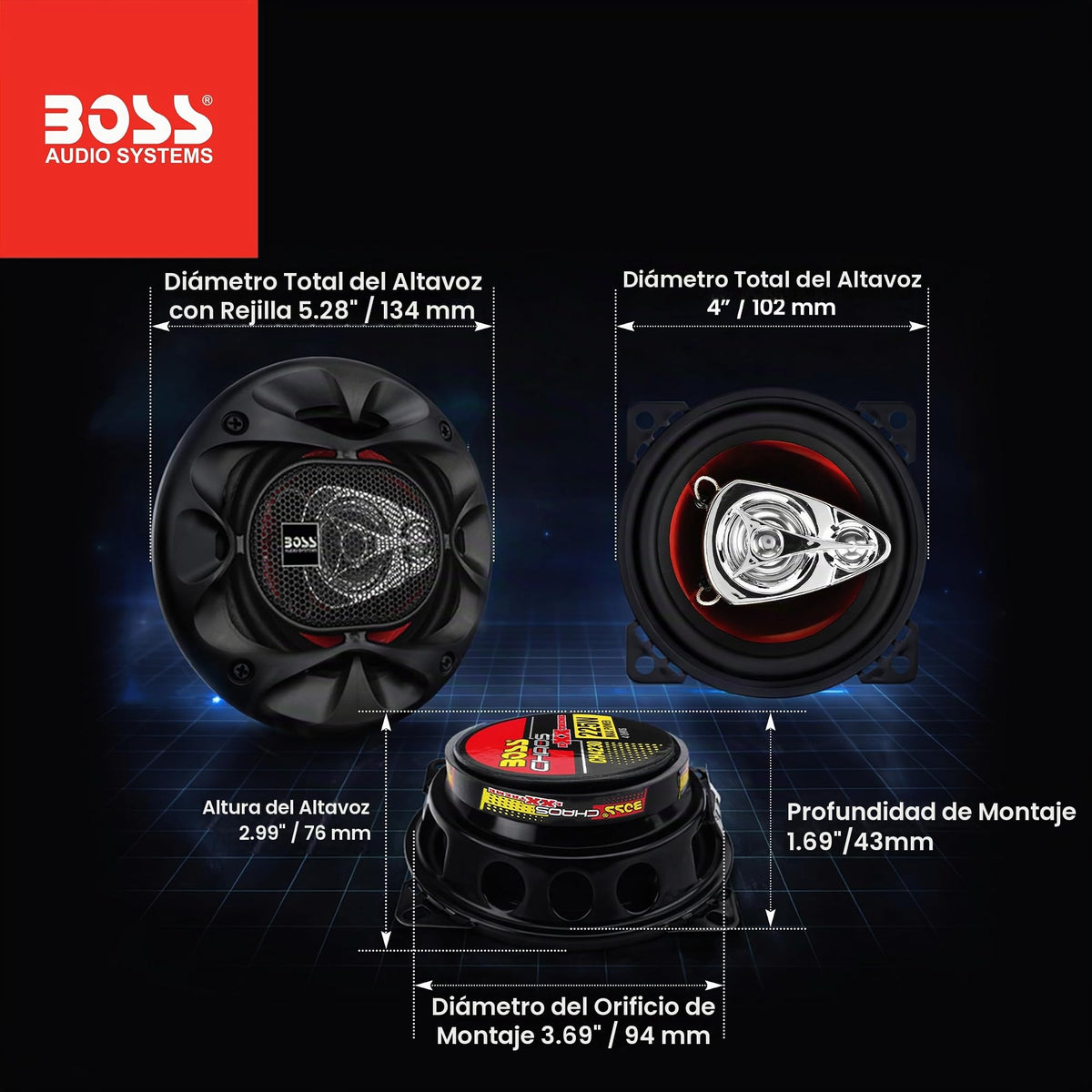 Parlantes Coaxiales Auto 4 Pulgadas Boss Audio Chaos Exxtreme 225 Watt 3 Vías