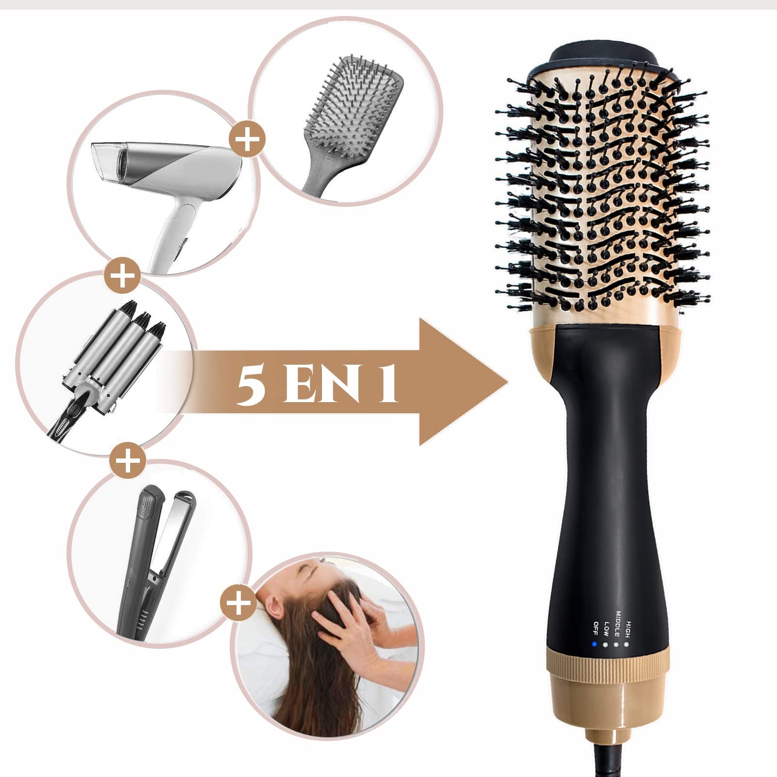 Cepillo Secador de Cabello Multifuncional, 4 en 1 Cepillo de Aire Caliente para Cabello y Voluminizador con Iones Negativos Antiencrespamiento para Secar, Alisar y Rizar | Cañón Cerámico de Titanio (Oro)