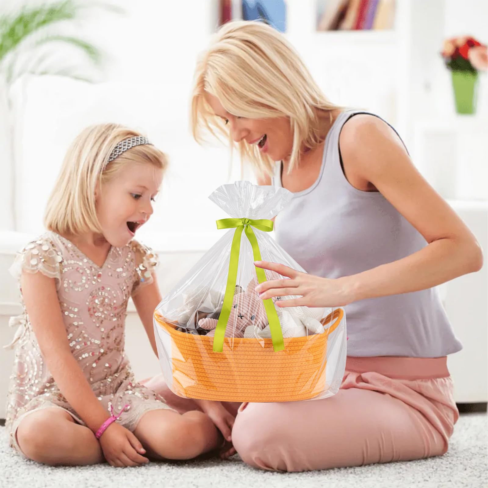 OIAHOMY - Cesta de regalo vacía con bolsas de regalo y cintas, cesta de cuerda para baby shower, cesta de almacenamiento con asas para guardería, cesta de juguetes para mascotas, color naranja