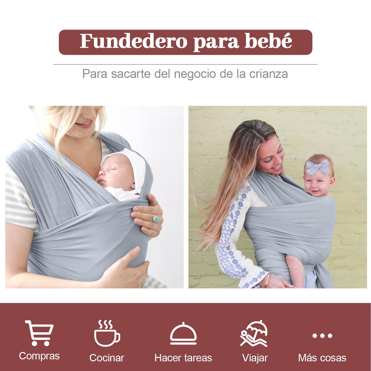 Fular Ergonómico para Bebé, Fular portabebés elástico todo en 1, Fular para bebé, Transpirable Fresco, Hasta 10Kg, para mamás y papás, regalo perfecto para viajar(Gris claro)