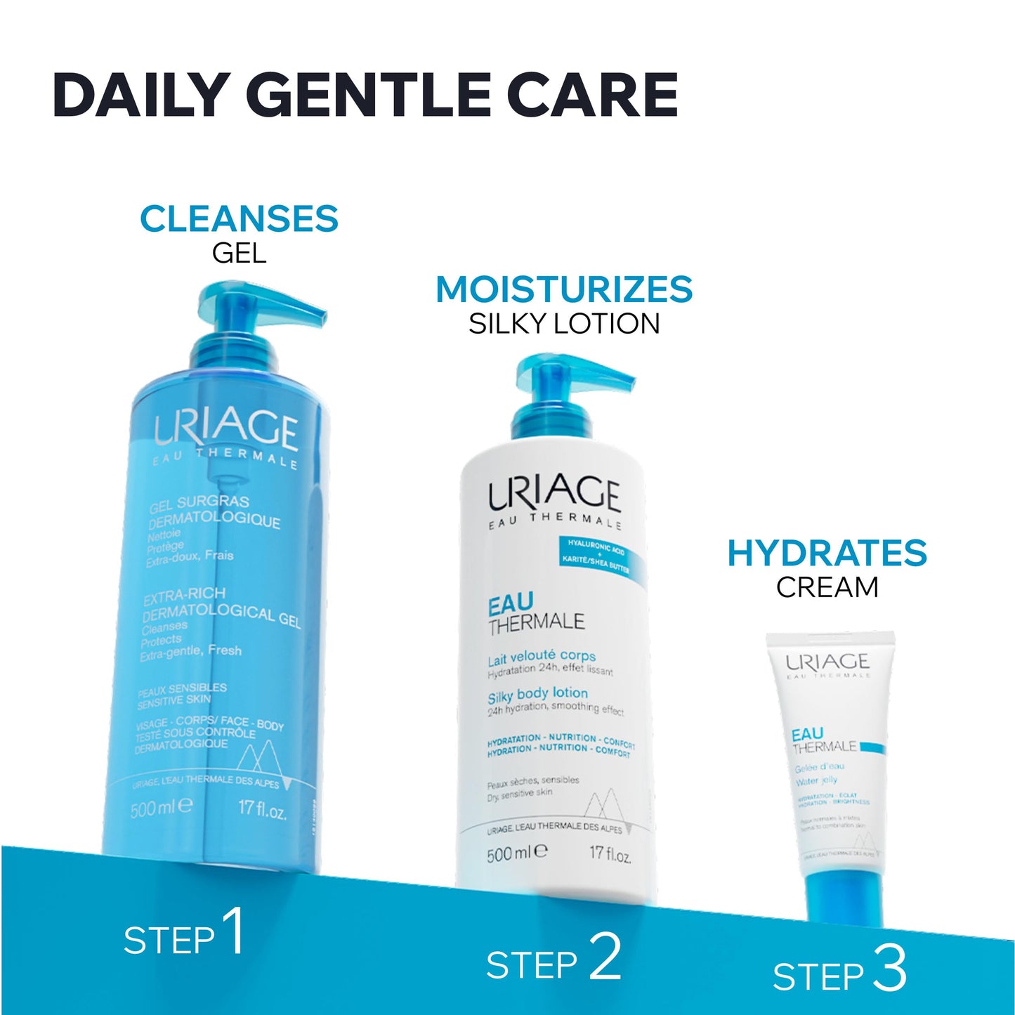 URIAGE Gel de ducha dermatológico extra rico para piel sensible I Mantiene el film hidrolipídico de la piel. Limpiador corporal espumoso y fresco I Cara y cuerpo I Sin parabenos y sin jabón I pH fisiológico