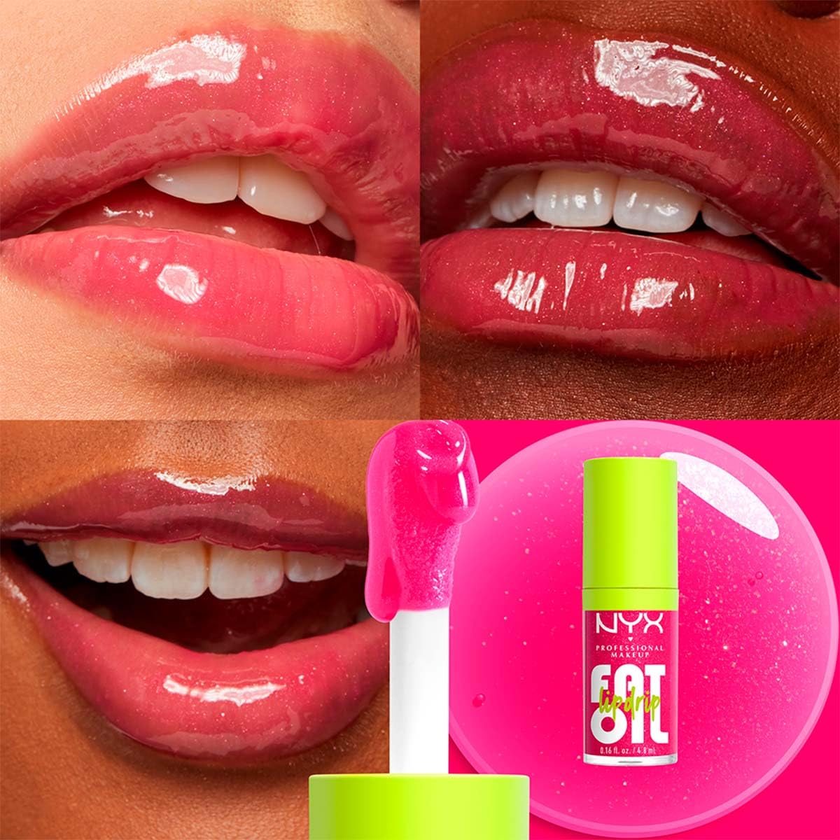 NYX Professional Makeup, Fat Oil Lip Drip Gloss, 4.8ml. Tono: Supermodel. Brillo labial hidratante con efecto jugoso hasta por 12 horas. Infusionado con aceite de aguacate, mora y frambuesa para una sensación no pegajosa. Fórmula vegana.