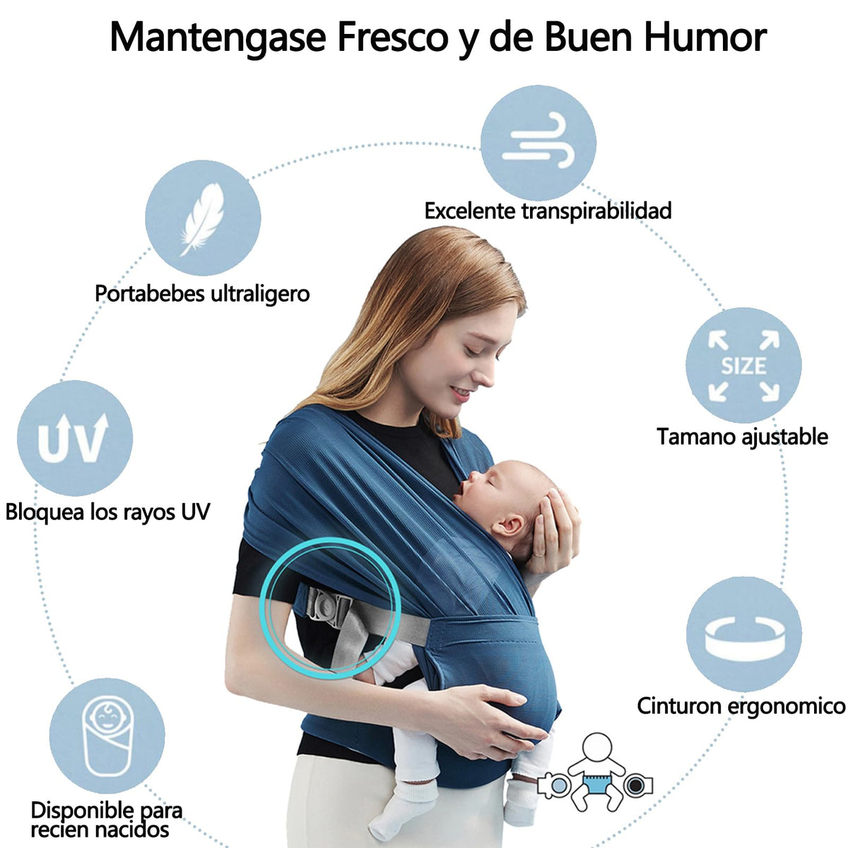 Fular portabebes para bebes de 0 a 36 meses,fular para bebés de algodón 100% transpirable, fular ergonomico para bebe ajustable con manos libres,com manual de colocacion,para recién nacidos (Azul)