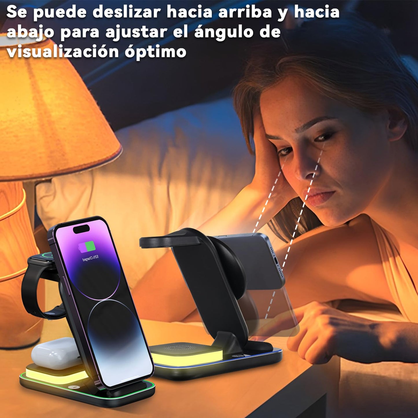 Cargador inalámbrico 3 en 1,Estación de Carga con 18W Cable de 1M y Luz Ambiental,Compatible con Samsung Galaxy,iPhone 12/13/14/15/16/Pro/Pro Max,AirPods 2/3/4/Pro y Apple Watch SE/10/9/8/7/6/5/4