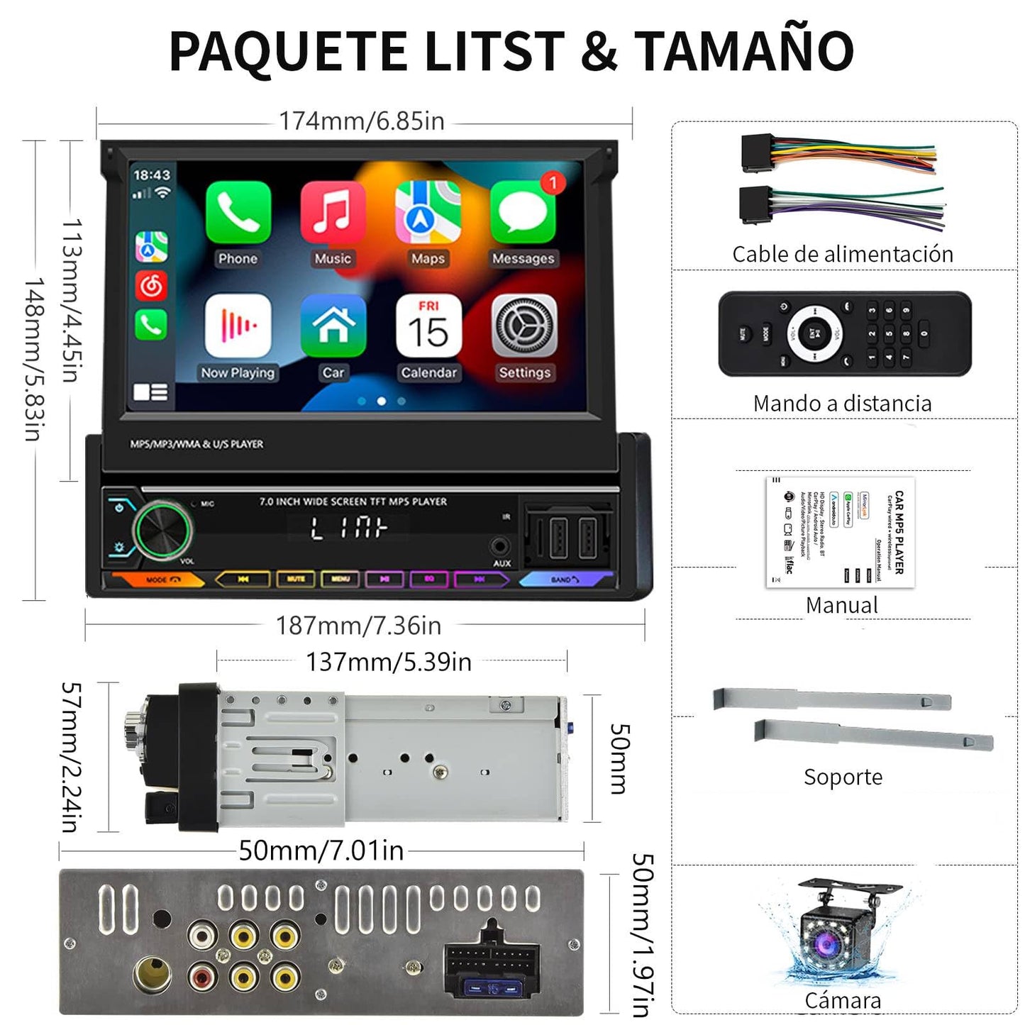 FINYQBET Stereo para Auto de 7 Pulgadas,estereo 1 din con CarPlay y Android Auto, Control de Volante y Cámara de Reversa,Estereos para Coches Ideal para Conducir Seguro y Disfrutar de Música Inmersiva