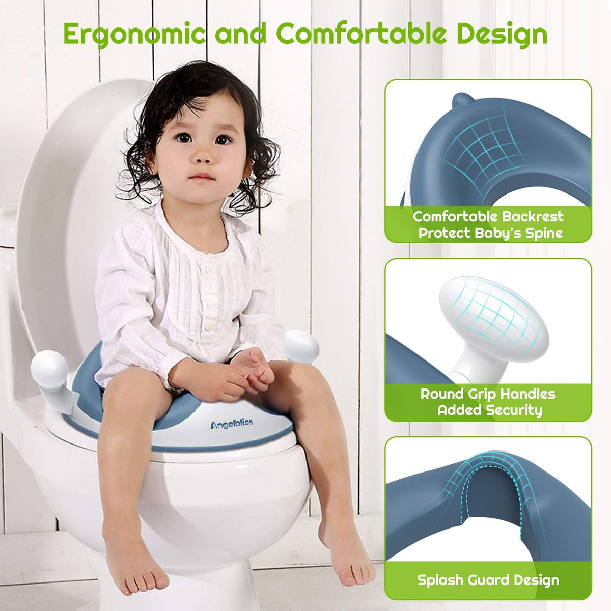 Angelbliss Asiento de inodoro infantil, para entrenamiento de Baby Potty, asiento de inodoro para niños y niñas, doble acolchado antideslizante, con asa y protección contra salpicaduras (Azul)
