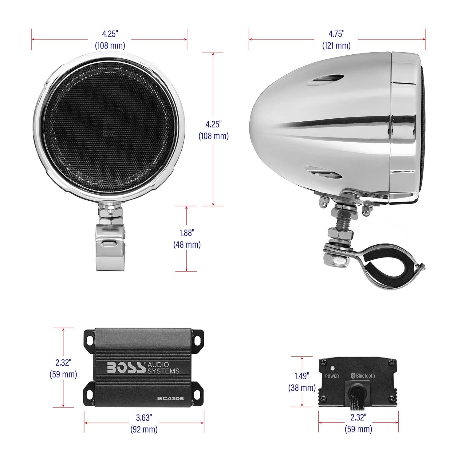 Boss Audio MC420B Bluetooth Enabled Motorcycle/UTV Speaker and Amplifier System, 3" Waterproof