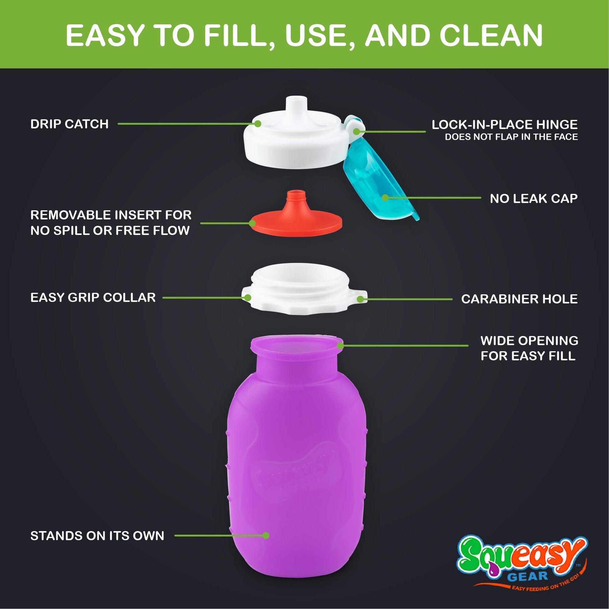 Reusable Baby Food Pouch + Squeeze Portable Refillable Baby Food Container Storage + Great for Smoothies and Snacks + 100% Food Grade Silicone - Squeasy Snacker - Featuring No-Spill Insert