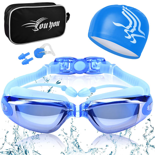 Gafas de Natación, Kit de Natación 5 en 1, Incluye Gafas de Natación, Gorro de Natación, Auriculares y Clips para la Nariz, Bolsa de Natación, Adecuado para Hombres y Mujeres Adultos y Niños Azul