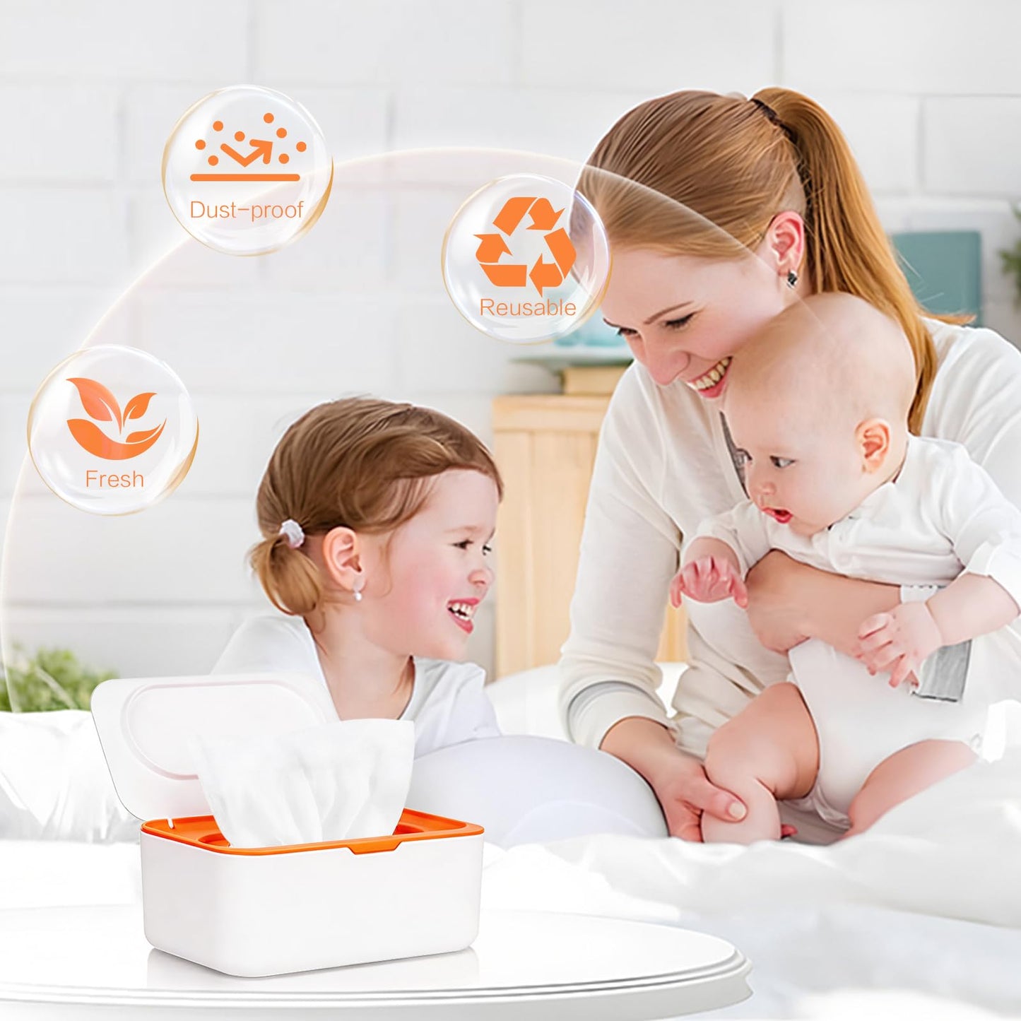 Dispensador de toallitas para bebé, caja reutilizable para toallitas húmedas y bolsa portátil para toallitas húmedas, contenedor recargable con tapa para baño, bebé, cuarto de bebé, cocina, oficina, viajes (naranja)