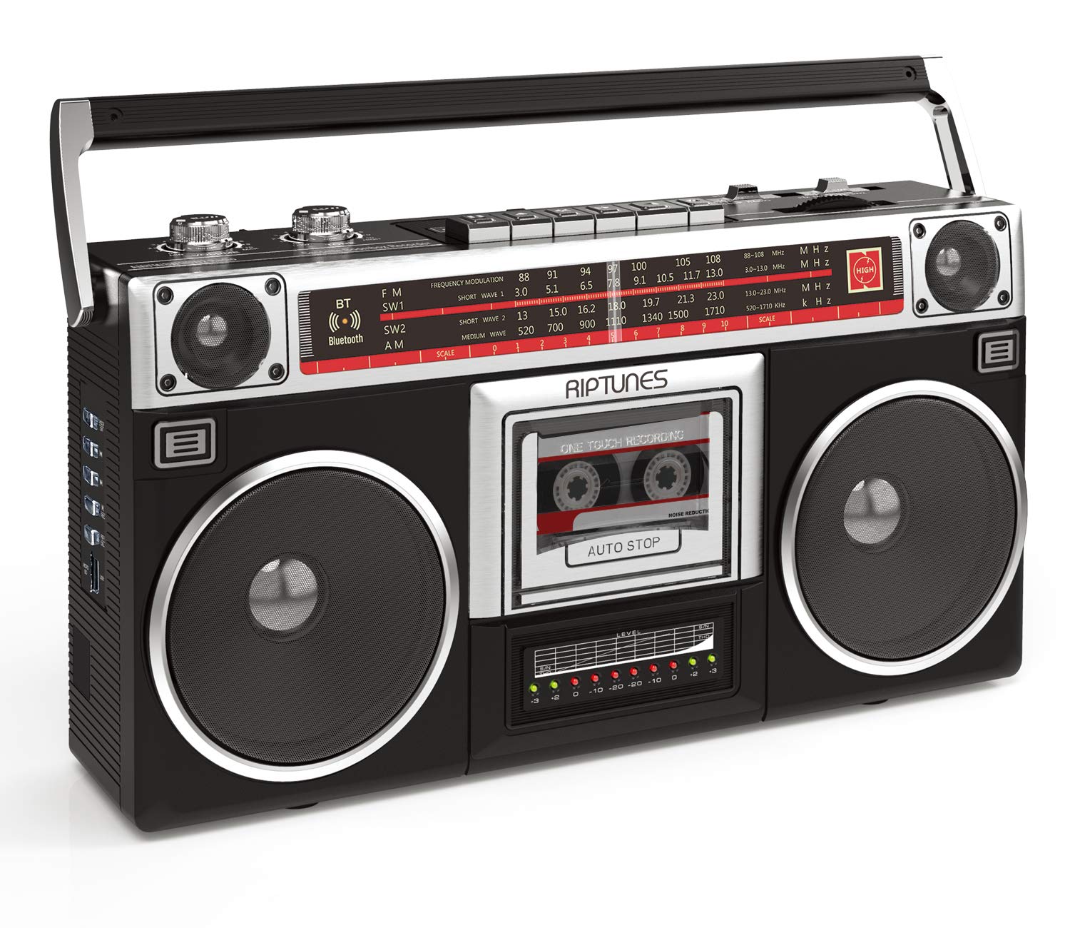 Boombox Riptunes Negro Estilo Clásico con Reproductor de Cassette y Radio AM/FM para Hombre