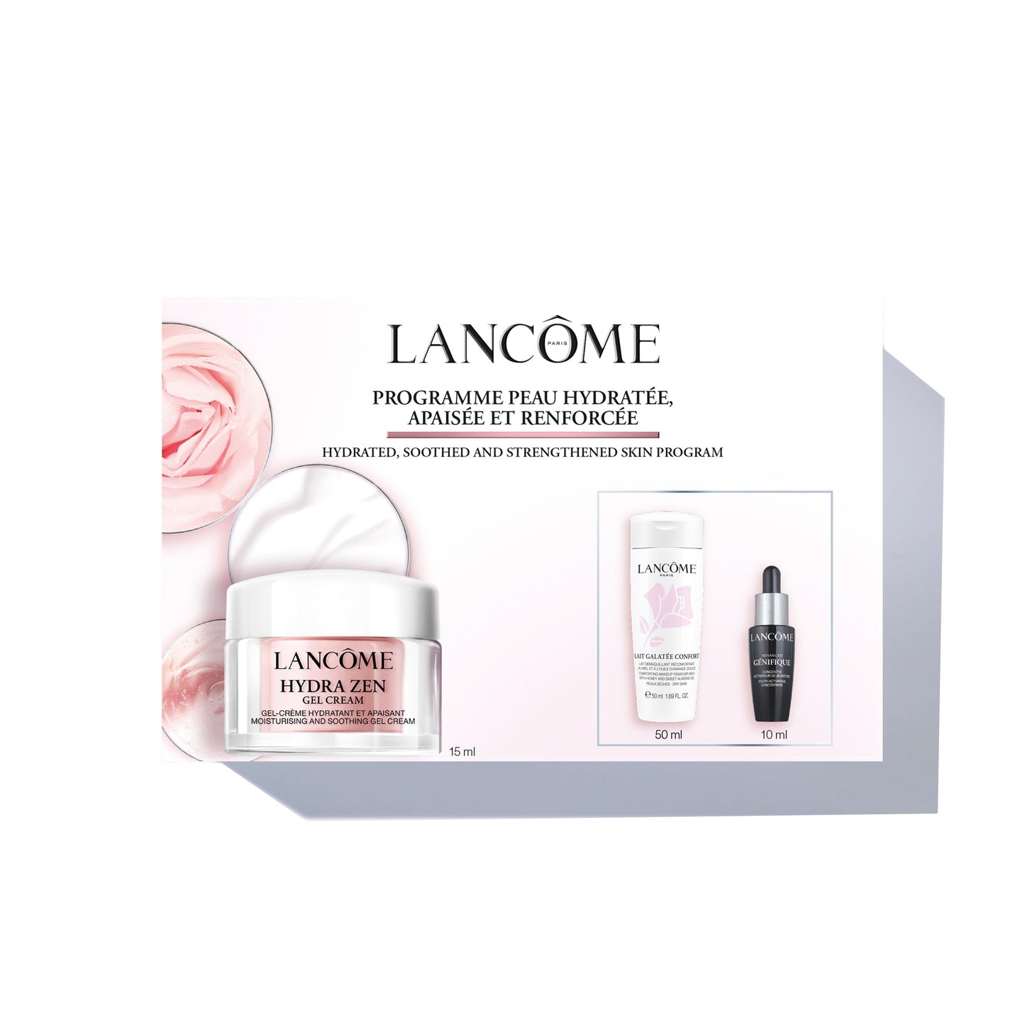 Lancôme, Hydra Zen, Set de Cremas, Crema en Gel Hydra Zen 15 ml + Suero Advanced Génifique 10 ml + Removedor de Maquillaje Lait Galatée Confort 50 ml, Para Hidratar y Calmar la Piel, Suaviza e Ilumina, 3 Piezas