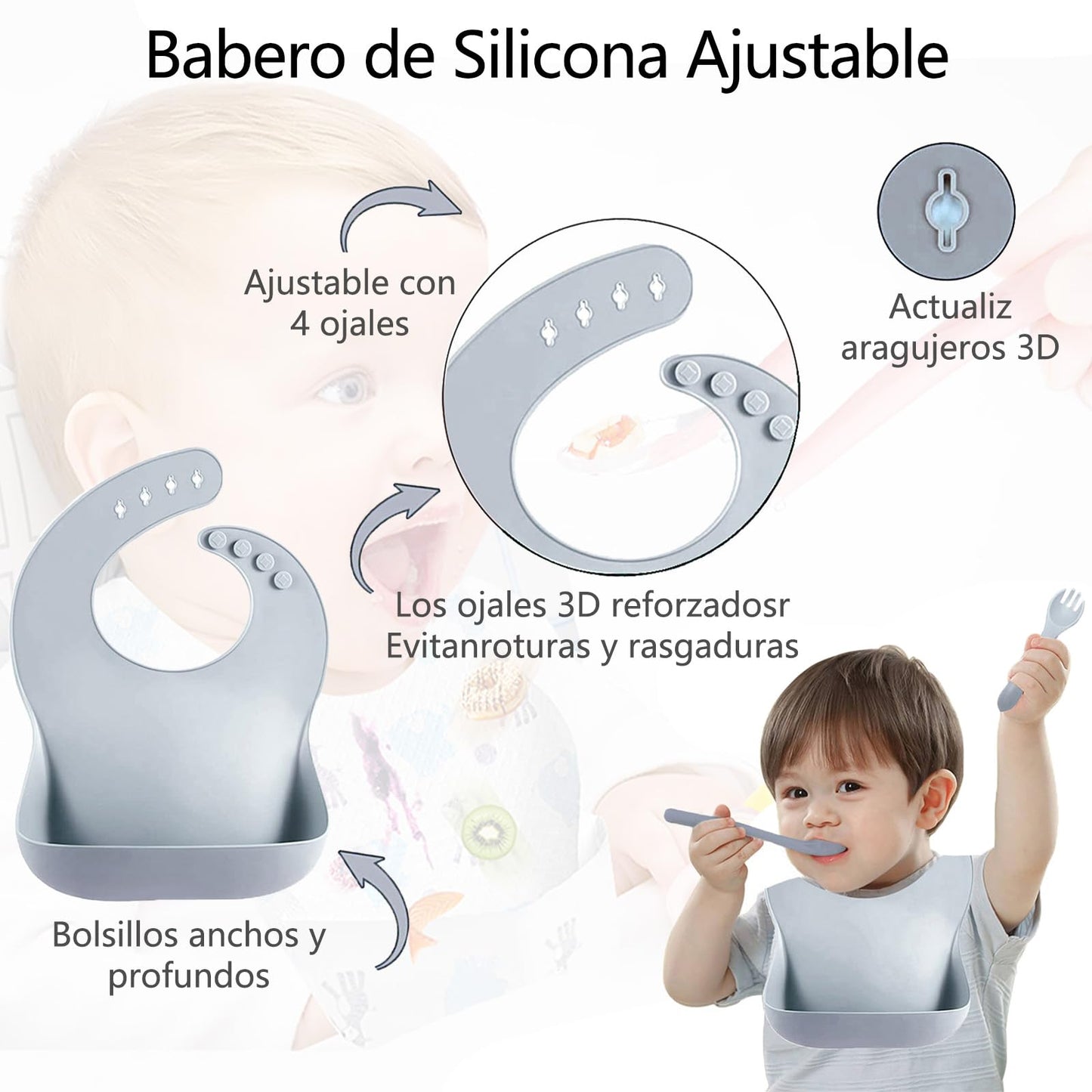 ALIYU Platos para Bebe Silicon 8PCS, Kit Alimentación Complementaria Bebe, Plato para bebe con ventosa, Baberos de silicona para bebe, Sin BPA, Fácil de limpiar, Vajilla bebe silicona (Gris)