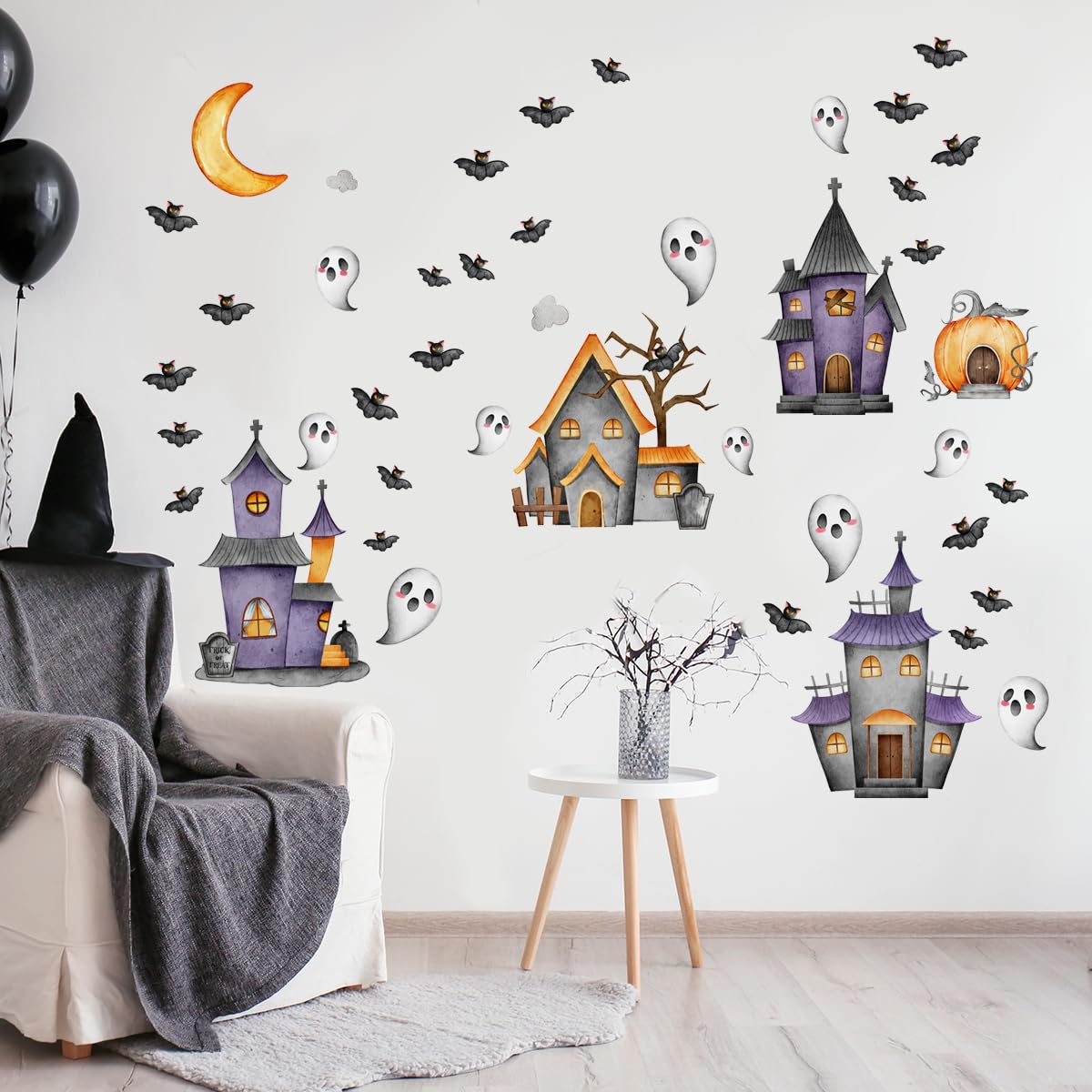 Haunted House - Calcomanías de pared de Halloween, calcomanías espeluznantes de calabaza, calcomanías de ventana, mural de decoración de pared para guardería, bebé, recámara, sala de estar, cocina,