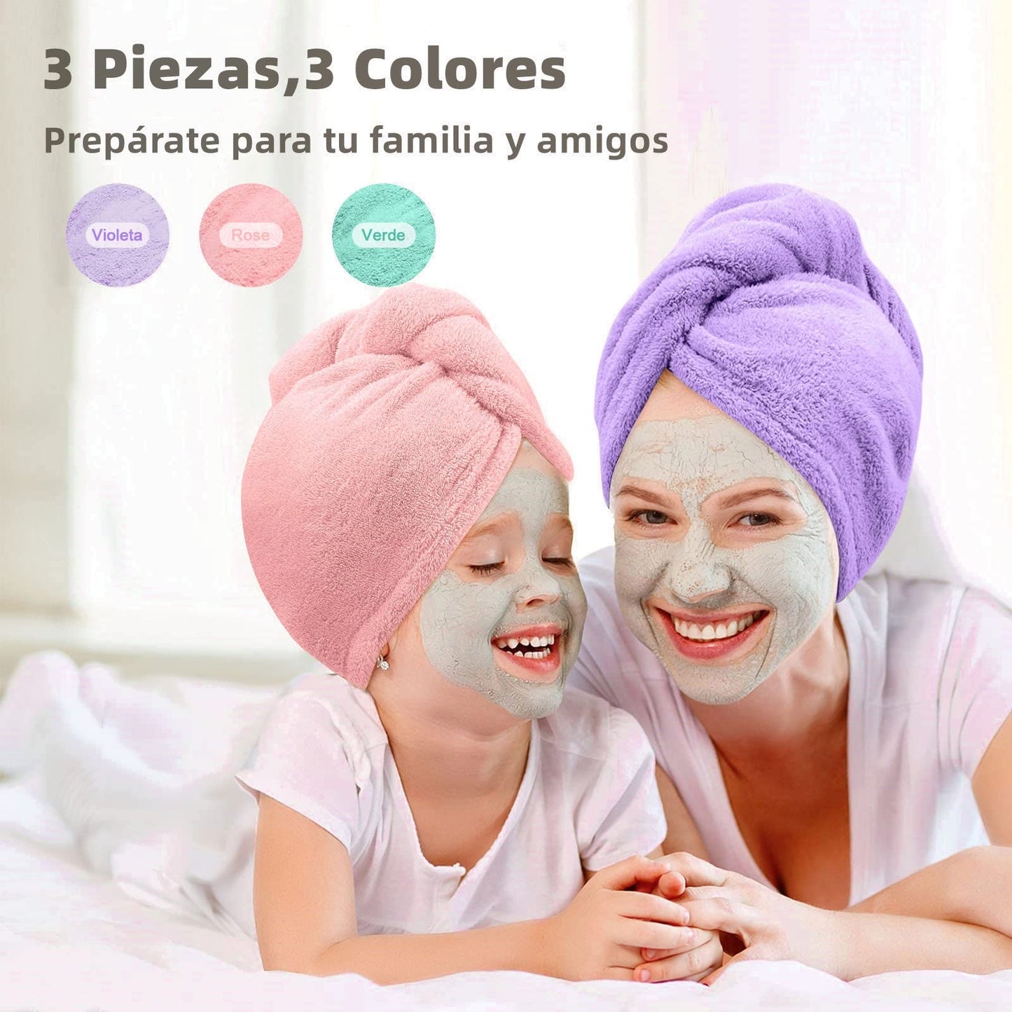 Toalla Microfibra para Cabello 3 Pack, Toalla de Cabello Seco con Botones, Gorro de Baño Ultra Absorbente de Agua, Secado de Pelo Súper Rápido, Turbante Suave Anti-Frizz para Mujer (Viole Rosa Verde)