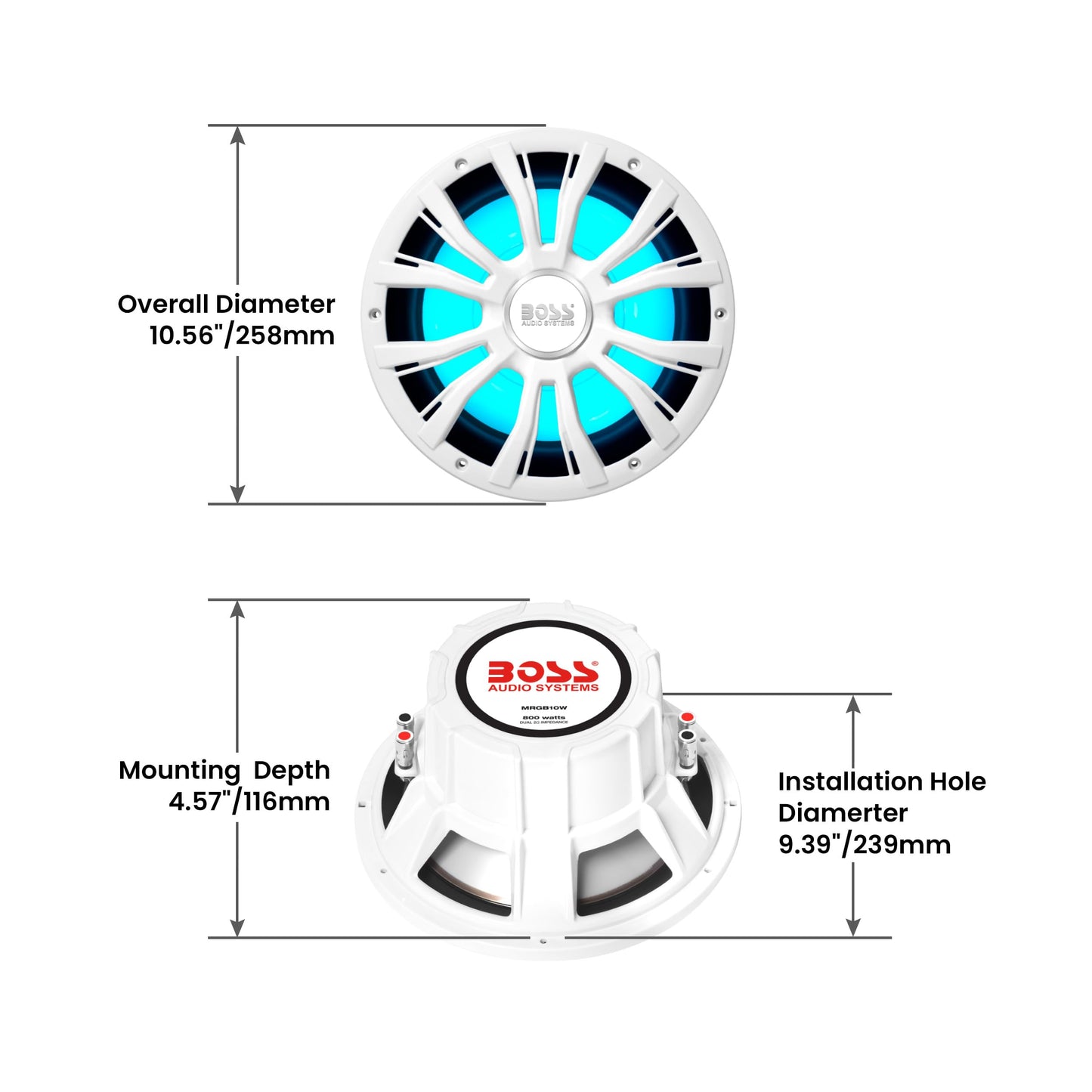 Boss Audio Systems MRGB10W - Subwoofer para Barco de 10 Pulgadas, 800 vatios máximo, Doble Bobina de Voz de 2 ohmios, iluminación Multicolor, Resistente a la Intemperie, se Vende Individualmente