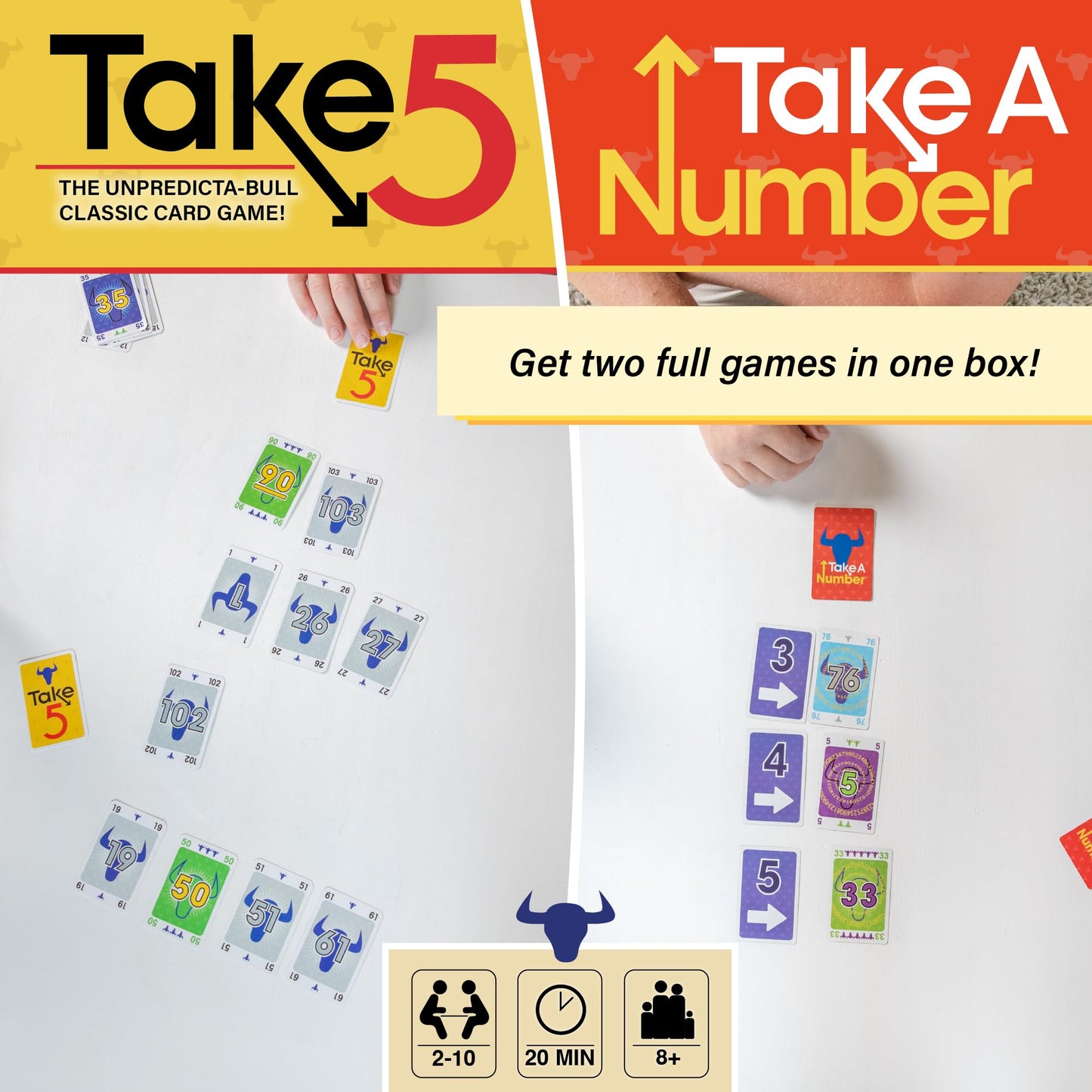 AMIGO Games Take 5 & Take a Number – Two Complete Games in One – Take 5 is The Classic 6 Nimmt & Take a Number también se Conoce como X Nimmt. - Juegos de Cartas clásicos para niños y Adultos de 8