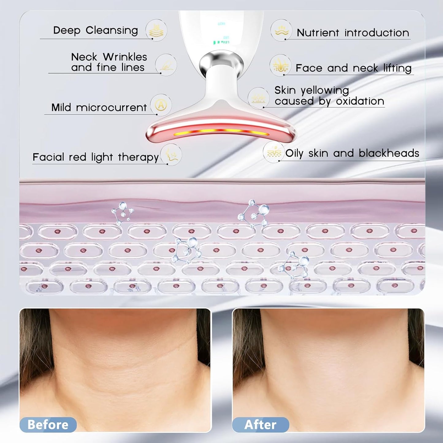 cotsoco Herramienta de masaje facial 7 en 1, terapia de luz roja para rostro y cuello, varita de terapia de luz roja, dispositivo de lifting facial para el cuidado de la piel, blanco