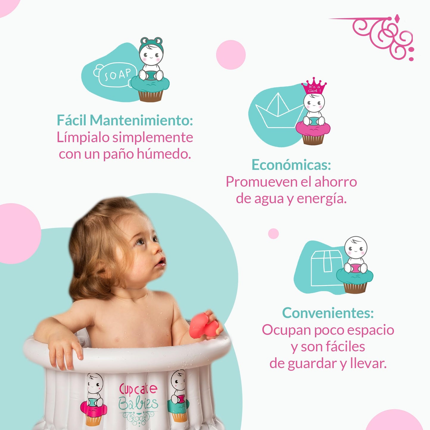 Bañera para Bebe Inflable Turquesa | Navidad | Ideal Regalos Navideños para Recién Nacidos hasta 12 Meses | Incluye Bolso de Viaje, Pato de Juguete y Compresor de Aire | Alberca para Bebe | CUPCAKE BABIES