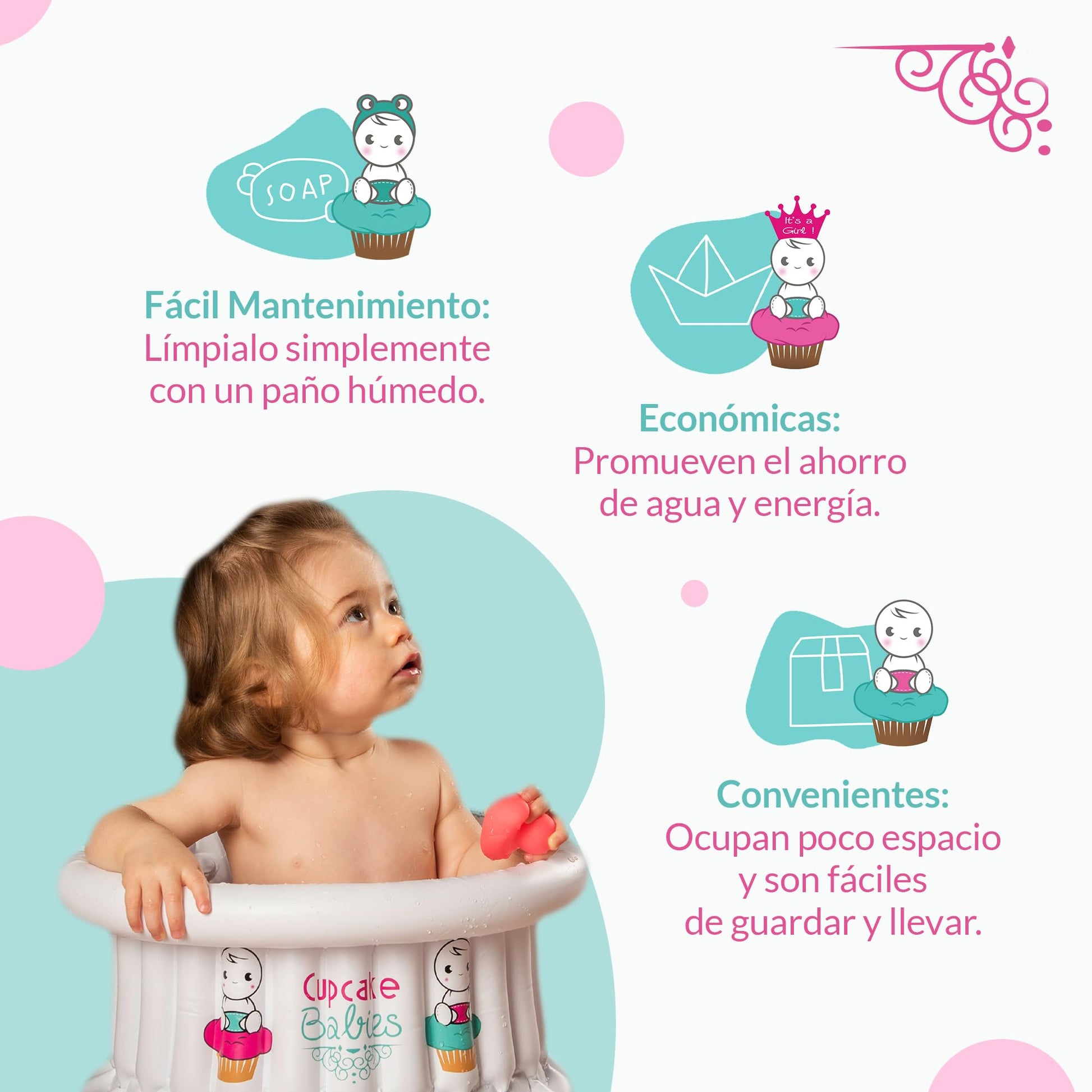 Bañera para Bebe Inflable Turquesa | Navidad | Ideal Regalos Navideños para Recién Nacidos hasta 12 Meses | Incluye Bolso de Viaje, Pato de Juguete y Compresor de Aire | Alberca para Bebe | CUPCAKE BABIES