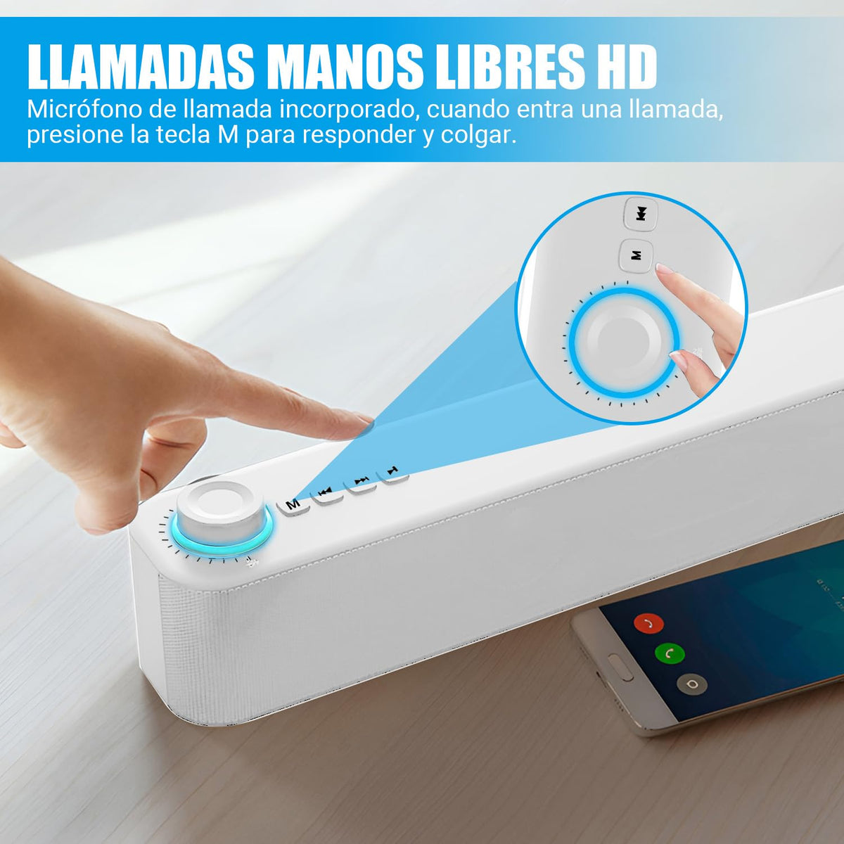 Altavoz Mini Barra de Sonido Estéreo Bluetooth PAVENU Blanco con Subwoofer y Micrófono Incorporado para Cine en Casa