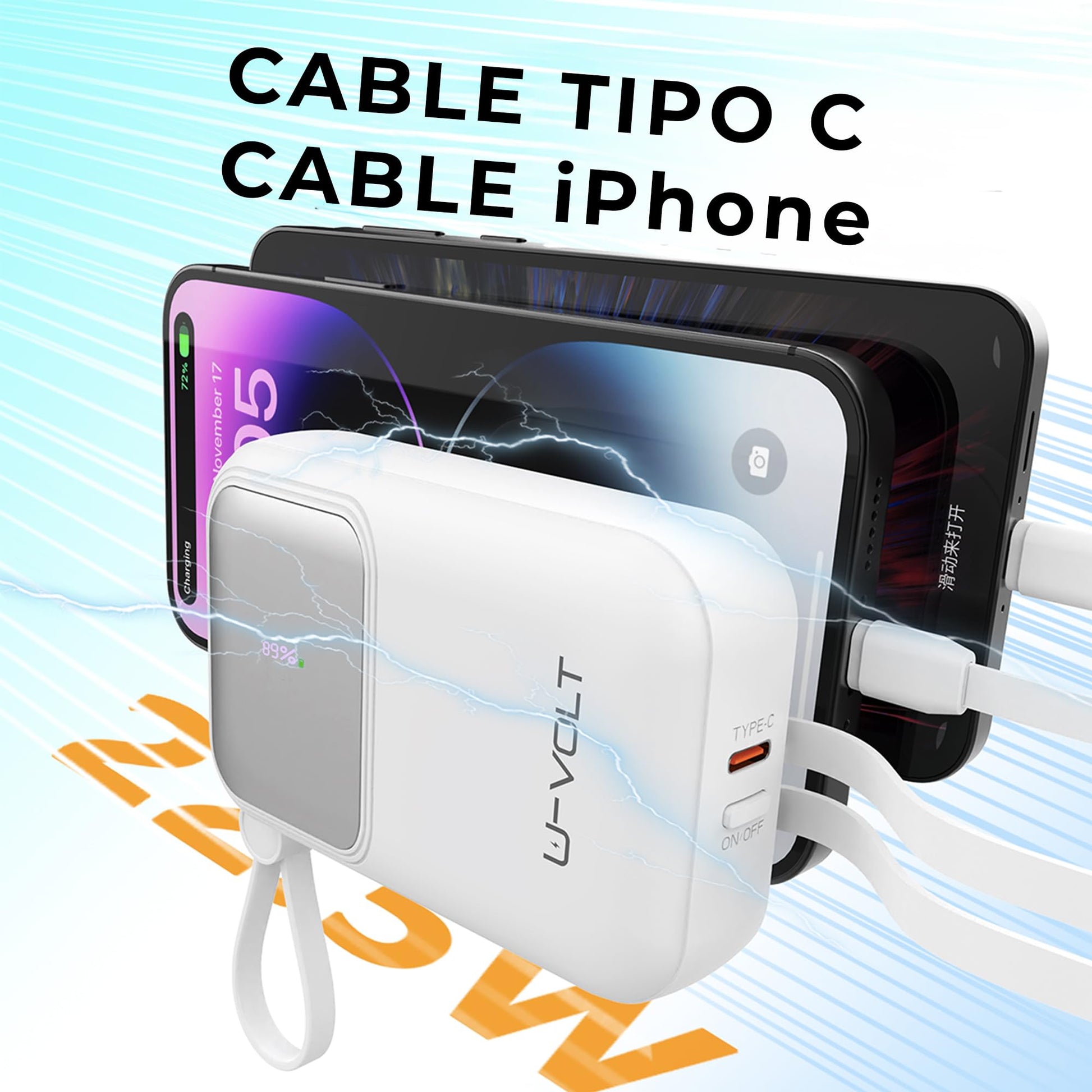 CELULARTE Power Bank U-Volt 10,000 mAh con Cables Integrados, Carga Rápida 22.5W, Batería Portátil con Pantalla Digital para iPhone, Samsung, Xiaomi, iPad y Más (Blanco)