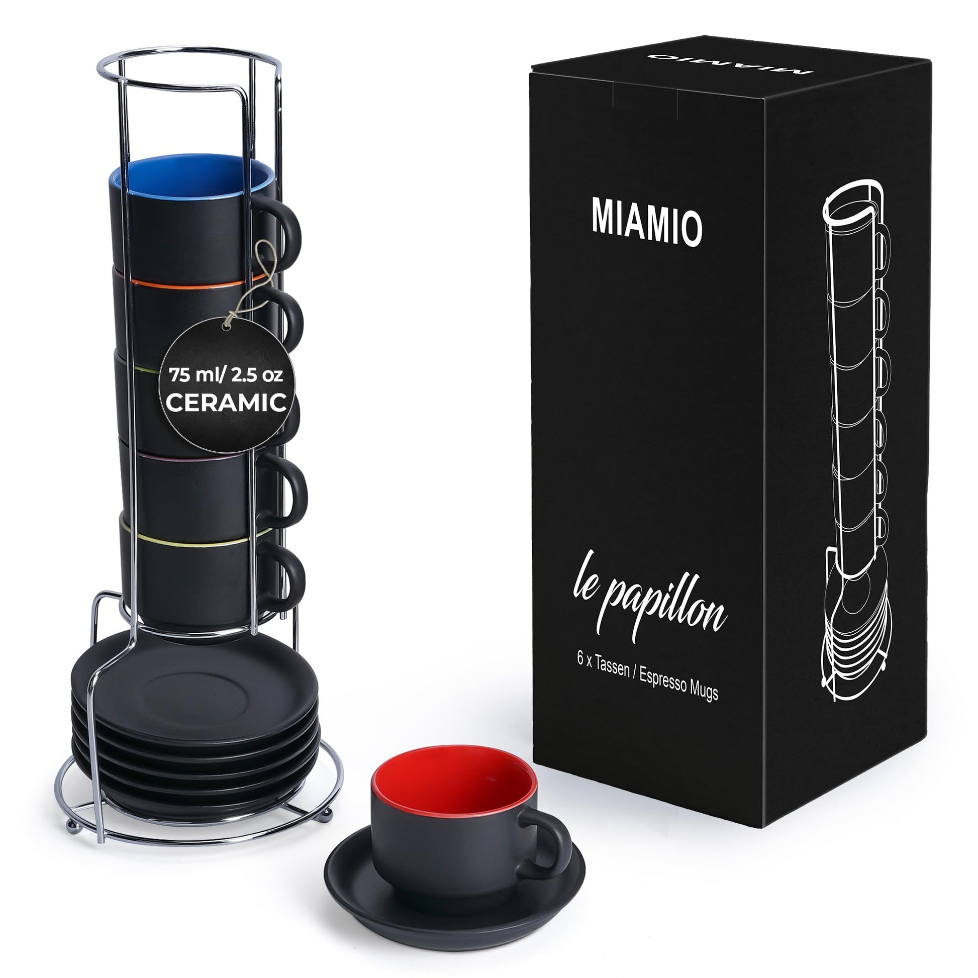 Juego de Tazas de Café Expreso MIAMIO Negro Interior Colorido 2.5 Onzas Colección Le Papillon