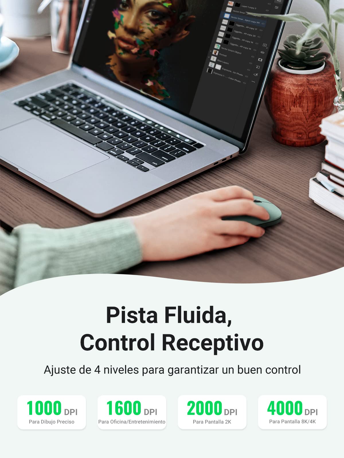 Ratón Inalámbrico UGREEN Verde Bluetooth y USB Silencioso hasta 4000 dpi