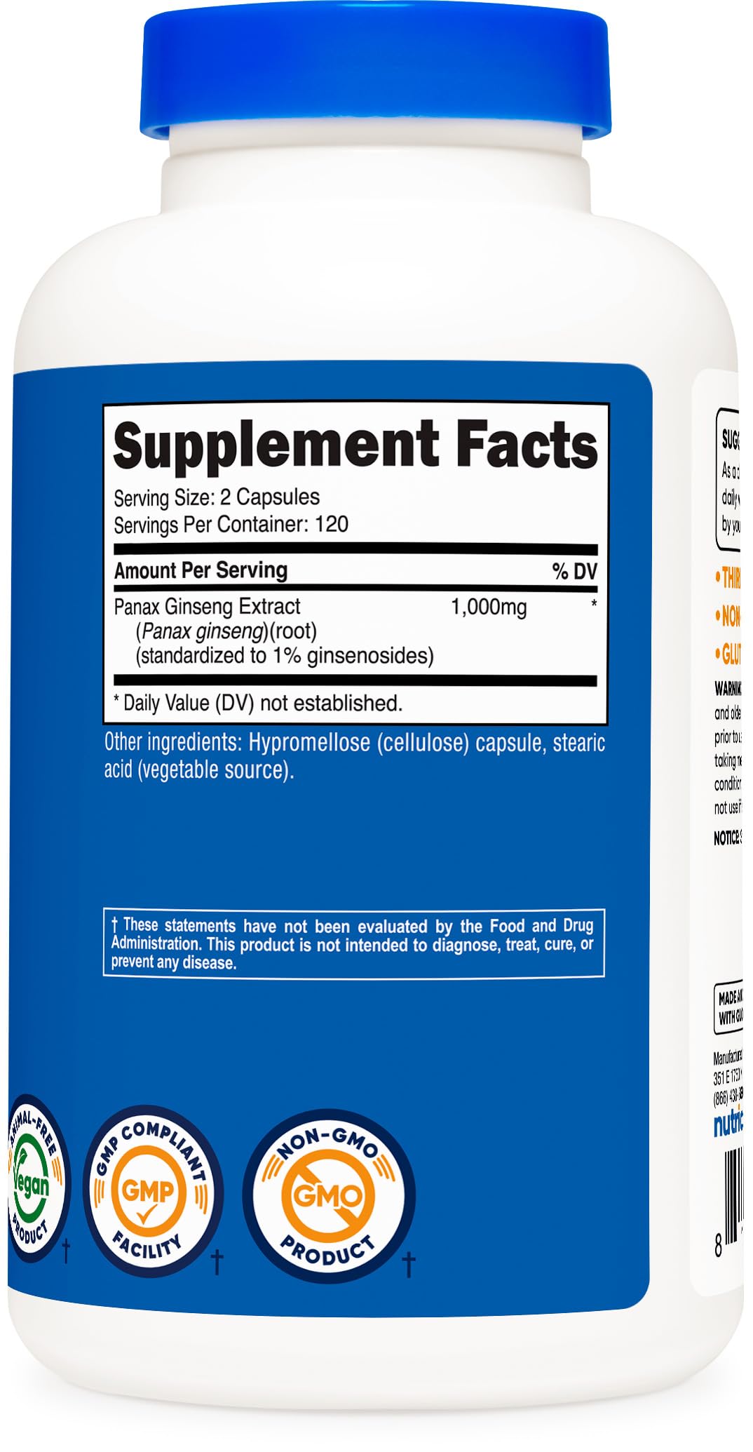 Suplemento Nutricost Panax Ginseng 1000 mg sin OMG y sin Gluten