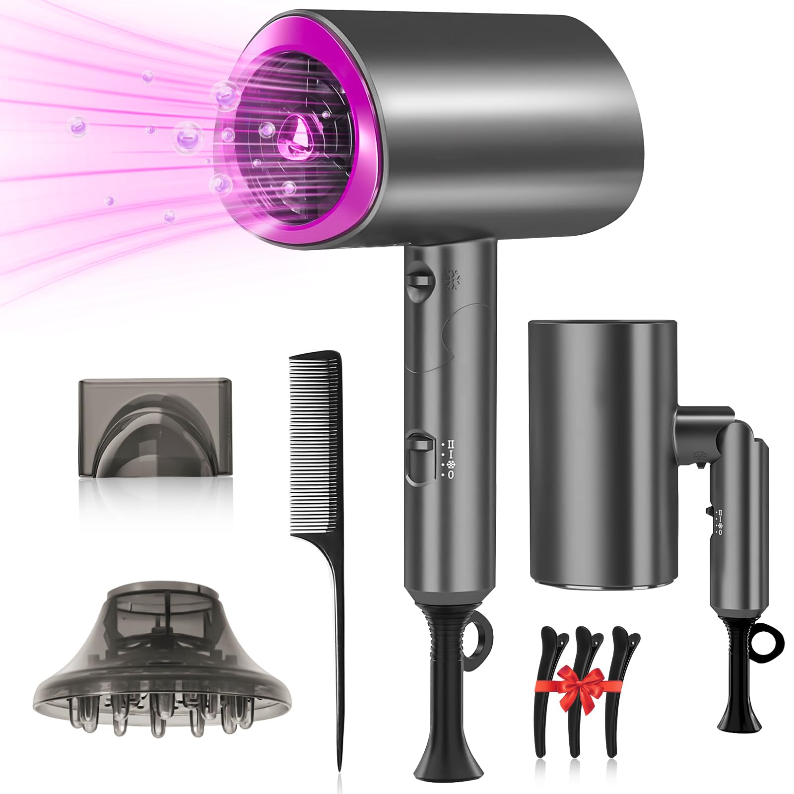 Secador de Pelo,1200W Secadora de Cabello Profesional,Secador de Pelo Iónico Baja Potencia con 3 Niveles de Viento Cálido, 2 Velocidades, Mini Secador de Soplado Plegable con Boquillas y Difusor para Hogar, Salón de Belleza, Viajes,Gris