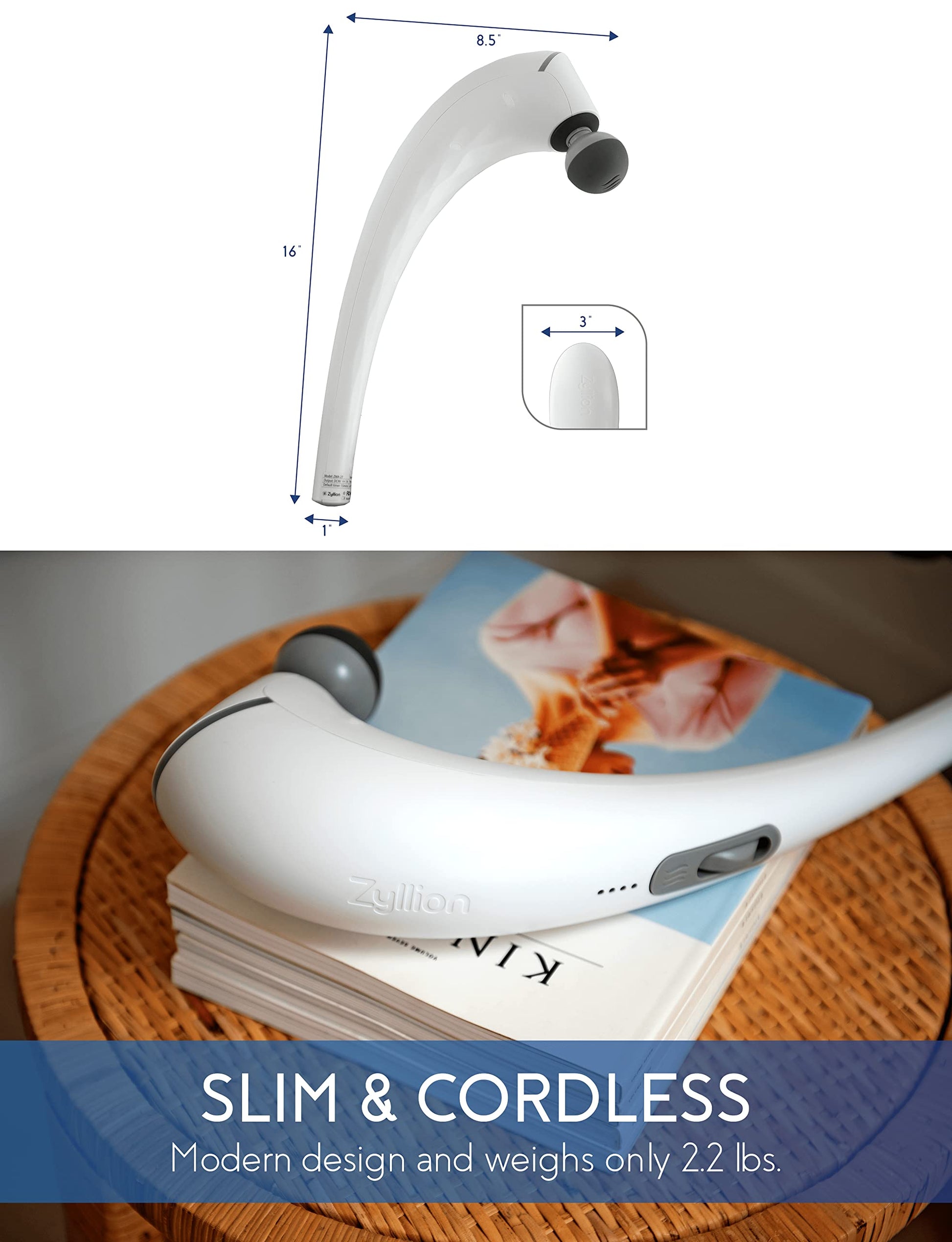 Zyllion Masajeador de mano para espalda y cuello, inalámbrico, recargable, eléctrico, vibrante, masaje de tejido profundo con calor para atletas, recuperación y alivio del dolor muscular, color blanco (ZMA-27-WT)