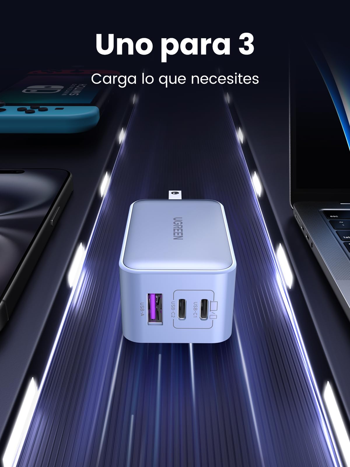Cargador USB C UGREEN Nexode 65W Blanco Con 3 Puertos GAN Plegable y Portátil para Viajar