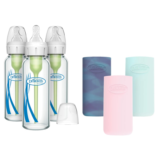 Dr. Brown's Natural Flow Options+ biberón de vidrio estrecho, 8 onzas/250 ml, con funda de botella de silicona, paquete de 3, brillante/rosa/menta