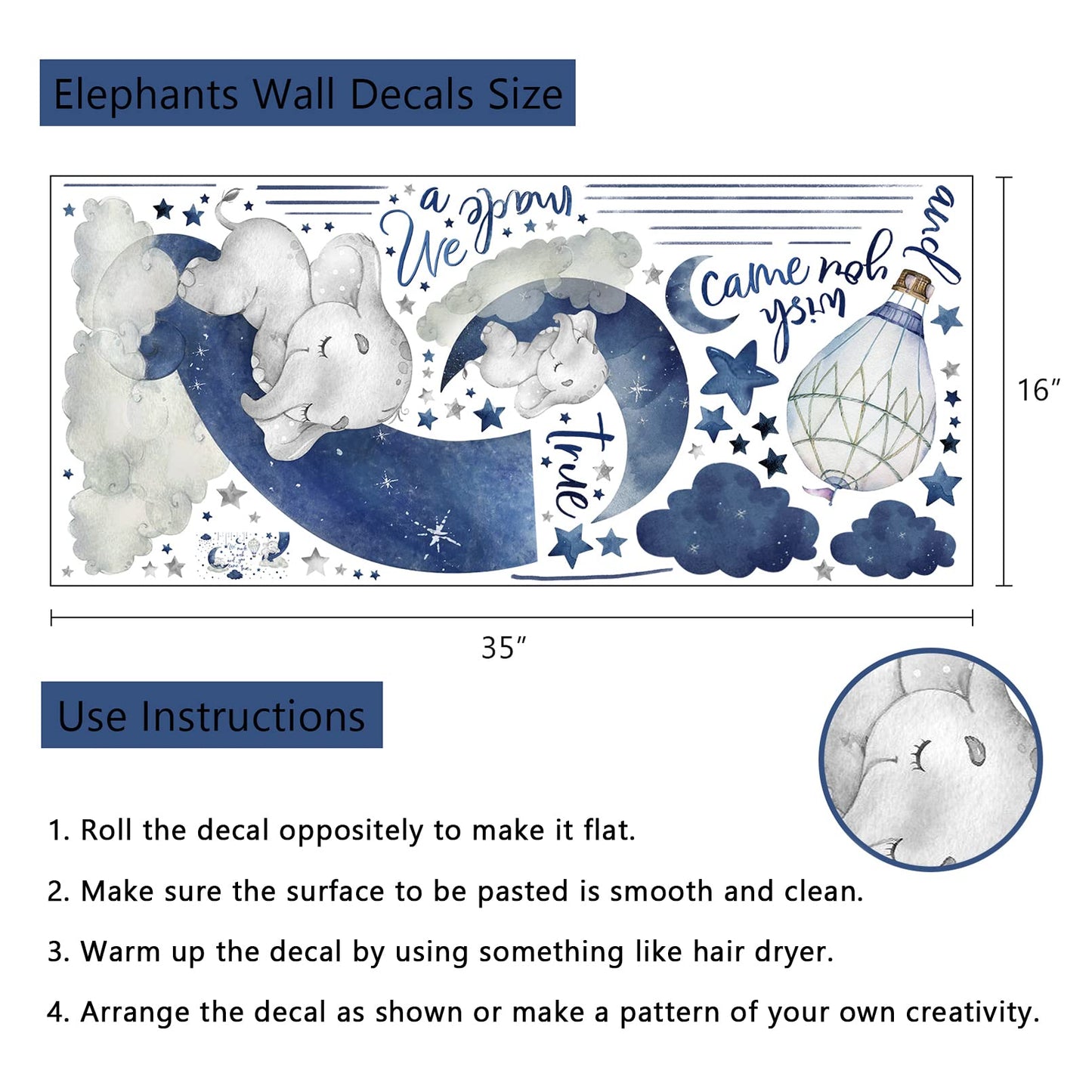 Yovkky - Calcomanías de pared de elefante para dormir, diseño de flores de acuarela azul y gris, diseño de globos de aire caliente, decoración de cuarto de bebé, decoración del hogar, decoración de
