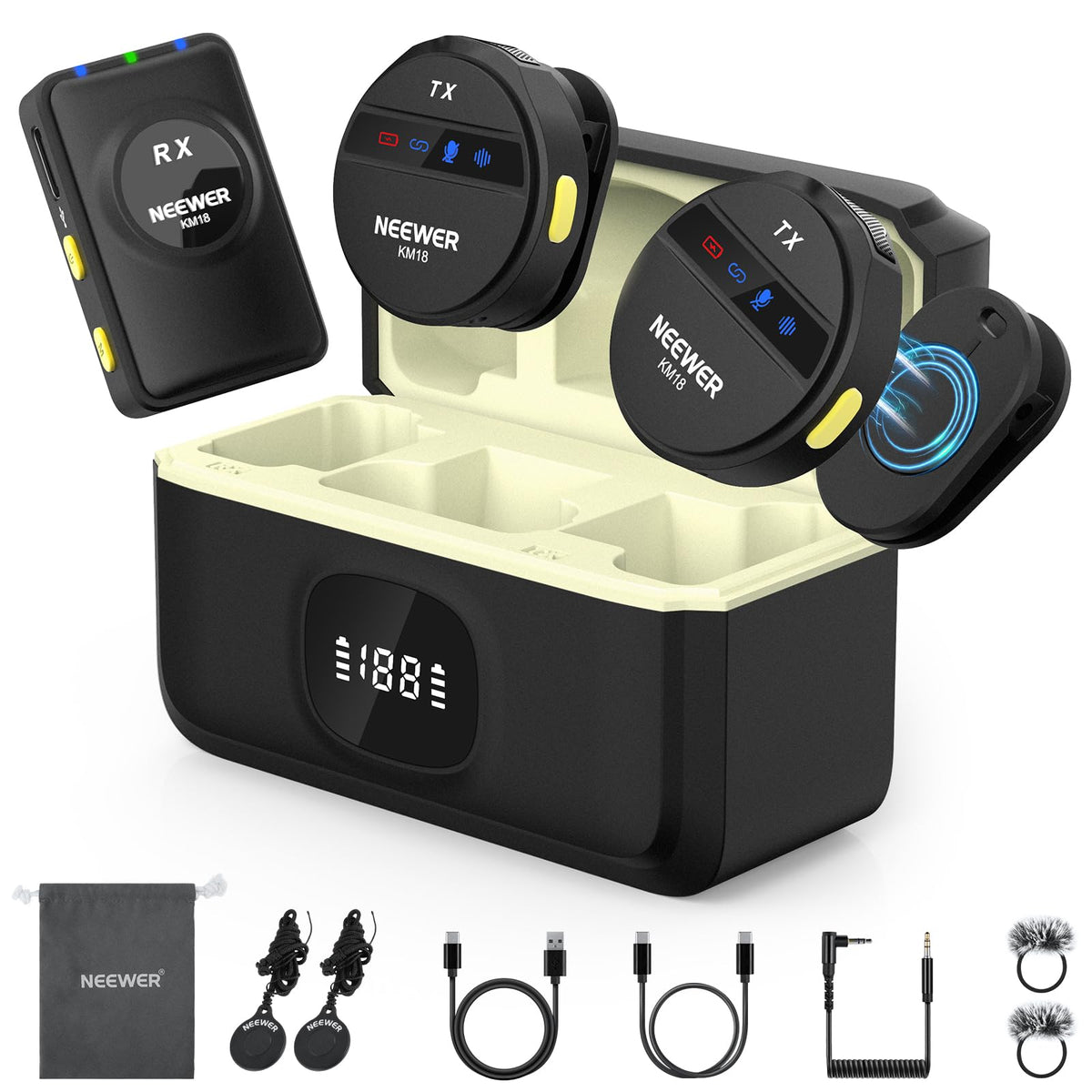 Micrófono Inalámbrico NEEWER KM18 Negro con Estuche de Carga USB C OTG y Cancelación de Ruido