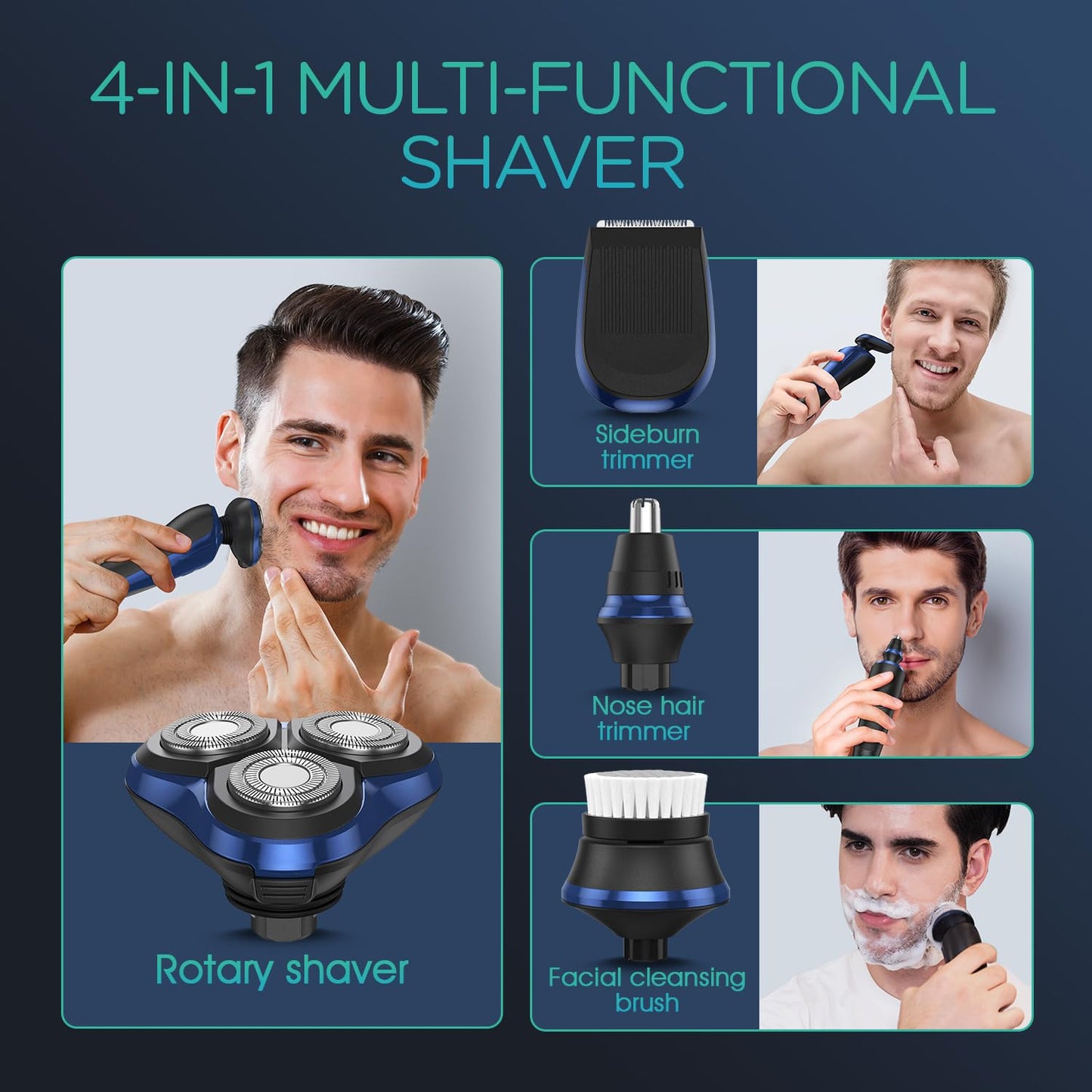VOYOR - Maquinilla de afeitar eléctrica recargable para hombre, rotatoria 3D para hombre, máquina de afeitar 4 en 1, kit de afeitado para nariz, pantalla LCD húmeda y seca y bloqueo de viaje, TX410