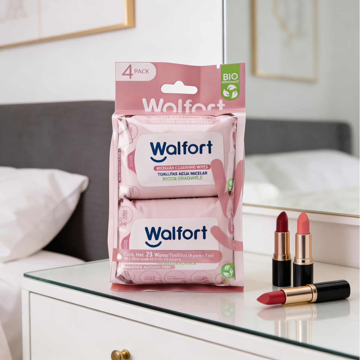 Walfort | Toallas Desmaquillantes con Agua Micelar, Limpieza Facial 3 en 1: Limpian, Desmaquillan e Hidratan (2, 4 Pack)