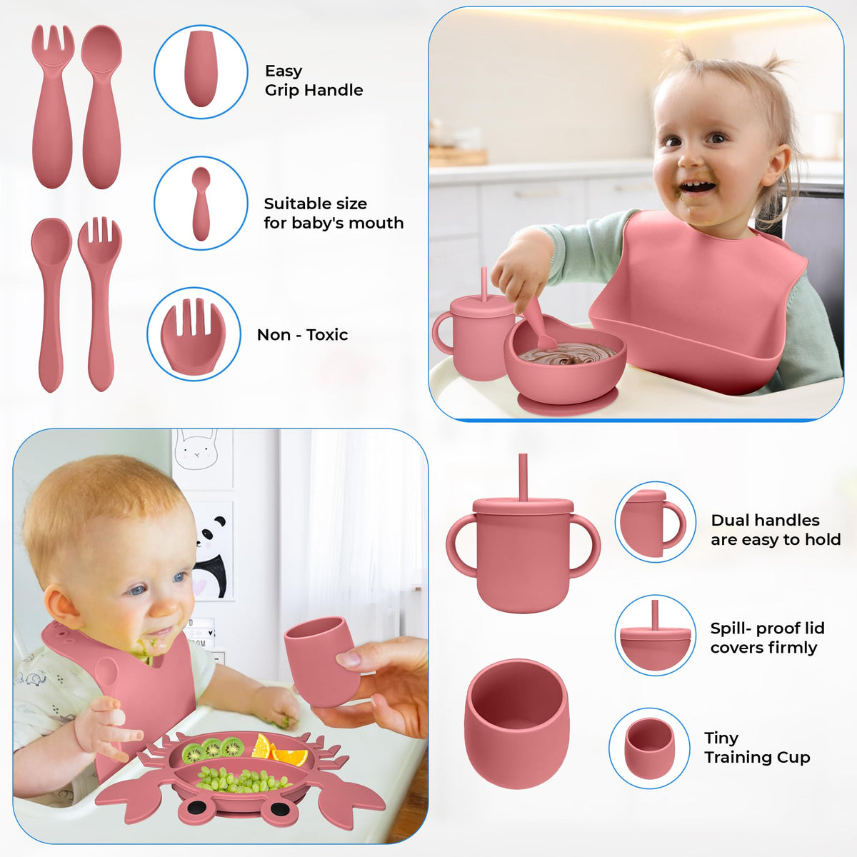 Suministros de destete LED para bebé, juego de alimentación de silicona para bebé, juego de placas de succión de silicona ultra completo Juego de 9 platos para bebés pequeños – Utensilios para comer